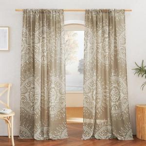 imageNICETOWN Light Filtering BohoChic Curtains ampamp Drapes Linen Blend Rod Pocket Casual ampamp Rustic Privacy Semi Sheer Bohemian Medallion Pattern for BedroomLiving Room W52 x L84 Taupe 1 PairBrown
