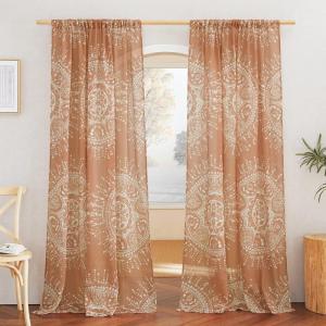 imageNICETOWN Light Filtering BohoChic Curtains ampamp Drapes Linen Blend Rod Pocket Casual ampamp Rustic Privacy Semi Sheer Bohemian Medallion Pattern for BedroomLiving Room W52 x L84 Taupe 1 PairTerracotta