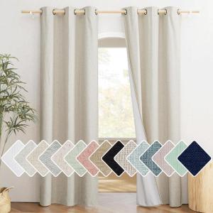imageNICETOWN Natural Full Blackout BohoChic Linen Curtains 84 inch Long 2 Panels Set for Cafe Window 42 inch Wide Thick Linen Blend Drapes Insulated Window Covers Draperies with White Backing