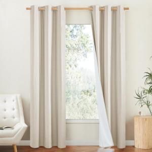 imageNICETOWN 100 Blackout Linen Texture Curtains 90 inches Long Beige 2 Panels Thermal Insulated Full Blackout 2Layer Lined Drapes Energy Efficiency Window Draperies for Boys Room