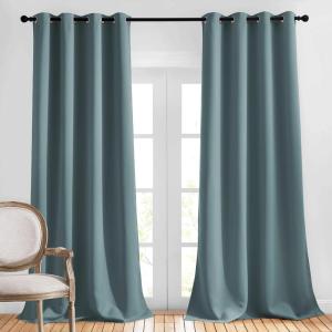imageNICETOWN Bedroom Blackout Curtains Panels  Triple Weave Energy Saving Thermal Insulated Solid Grommet Blackout Draperies for Patio 1 Pair Greyish Blue W52 x L95 Inch