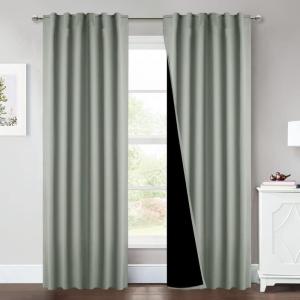 imageNICETOWN 100 Blackout Kitchen Curtain Panels Cold and Full Light Blocking Drapes with Black Liner 48 Inches Drop Thermal Insulated Draperies for Cafe White 2 Pieces 37 inches Wide Each PanelGreyish Green