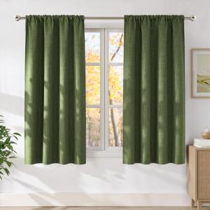 imageNICETOWN Froest Green Faux Linen Room Darkening Rod Pocket Curtains 63 inch Length W42 x L63 Light Blocking Thermal Insulated Noise Reducing Drapes for Bedroom Living Room Farmhouse Decor 2 Panels