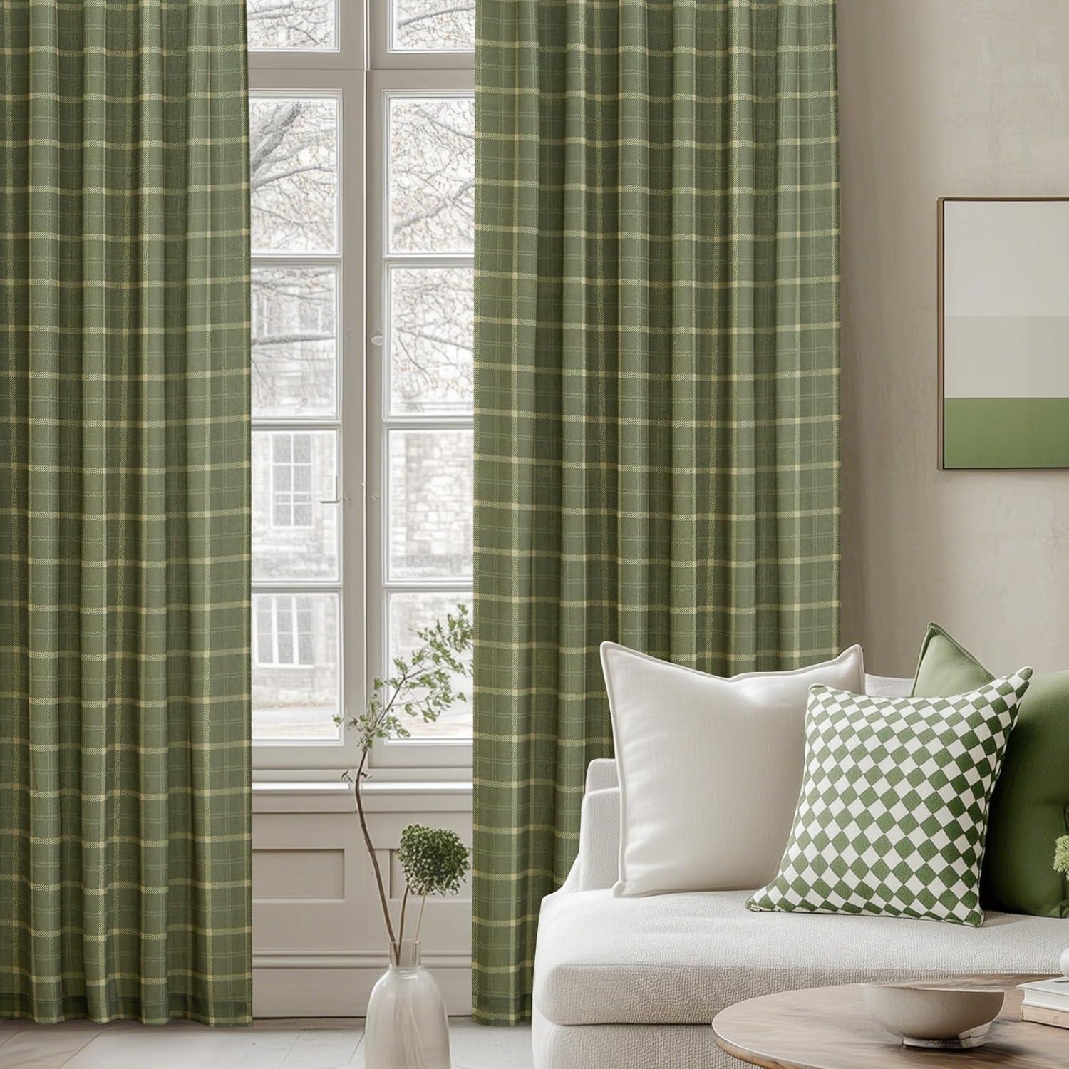 imageNICETOWN Linen Plaid Curtains 96 inches Long Grid Pattern Light Filtering Privacy Shade for Living Room Bedroom Farmhouse Rod Pocket Back Tab Semi Sheer Curtains 1 Pair Linen 52W x 96LGrid Pattern  Moss Green