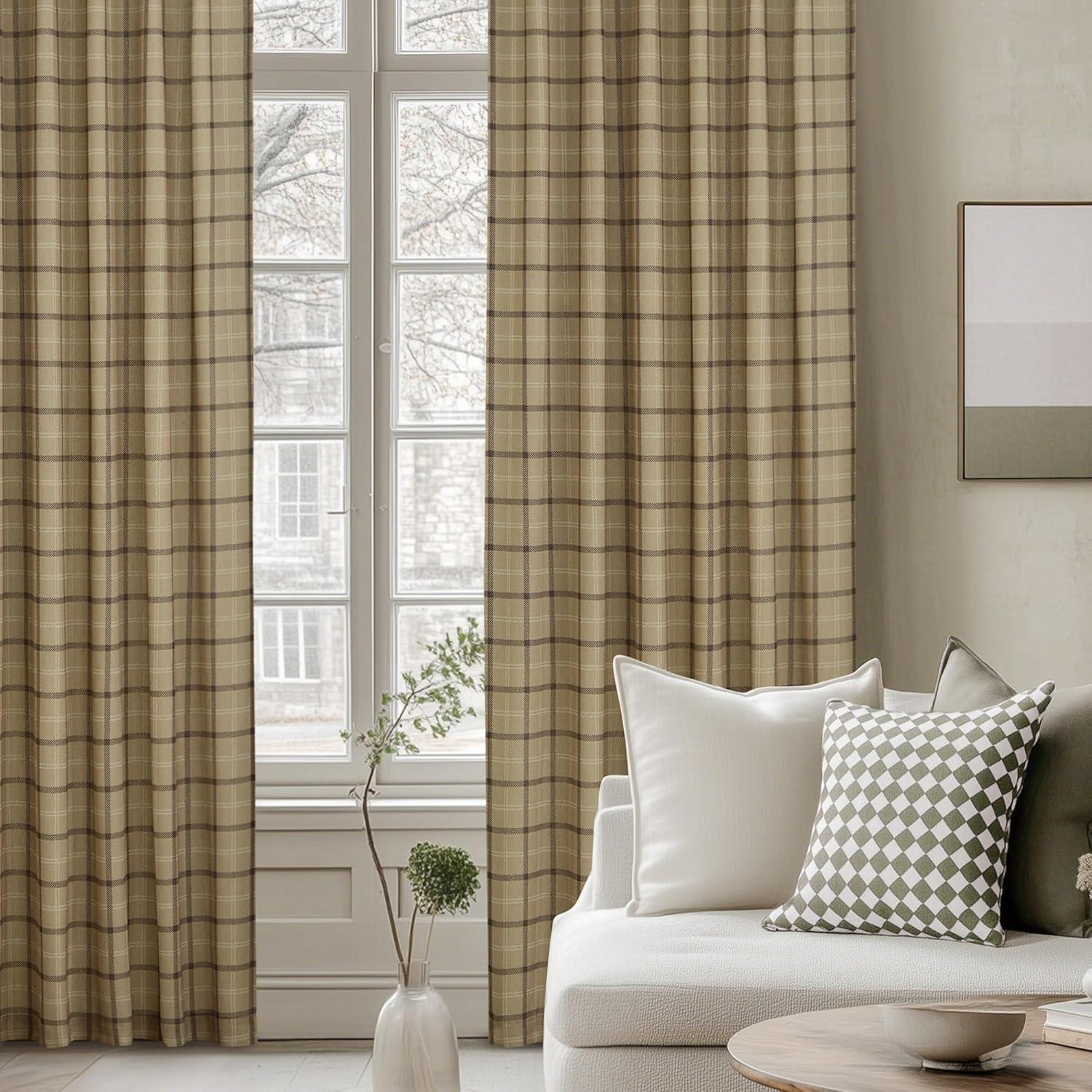 imageNICETOWN Linen Plaid Curtains 96 inches Long Grid Pattern Light Filtering Privacy Shade for Living Room Bedroom Farmhouse Rod Pocket Back Tab Semi Sheer Curtains 1 Pair Linen 52W x 96LGrid Pattern  Linen