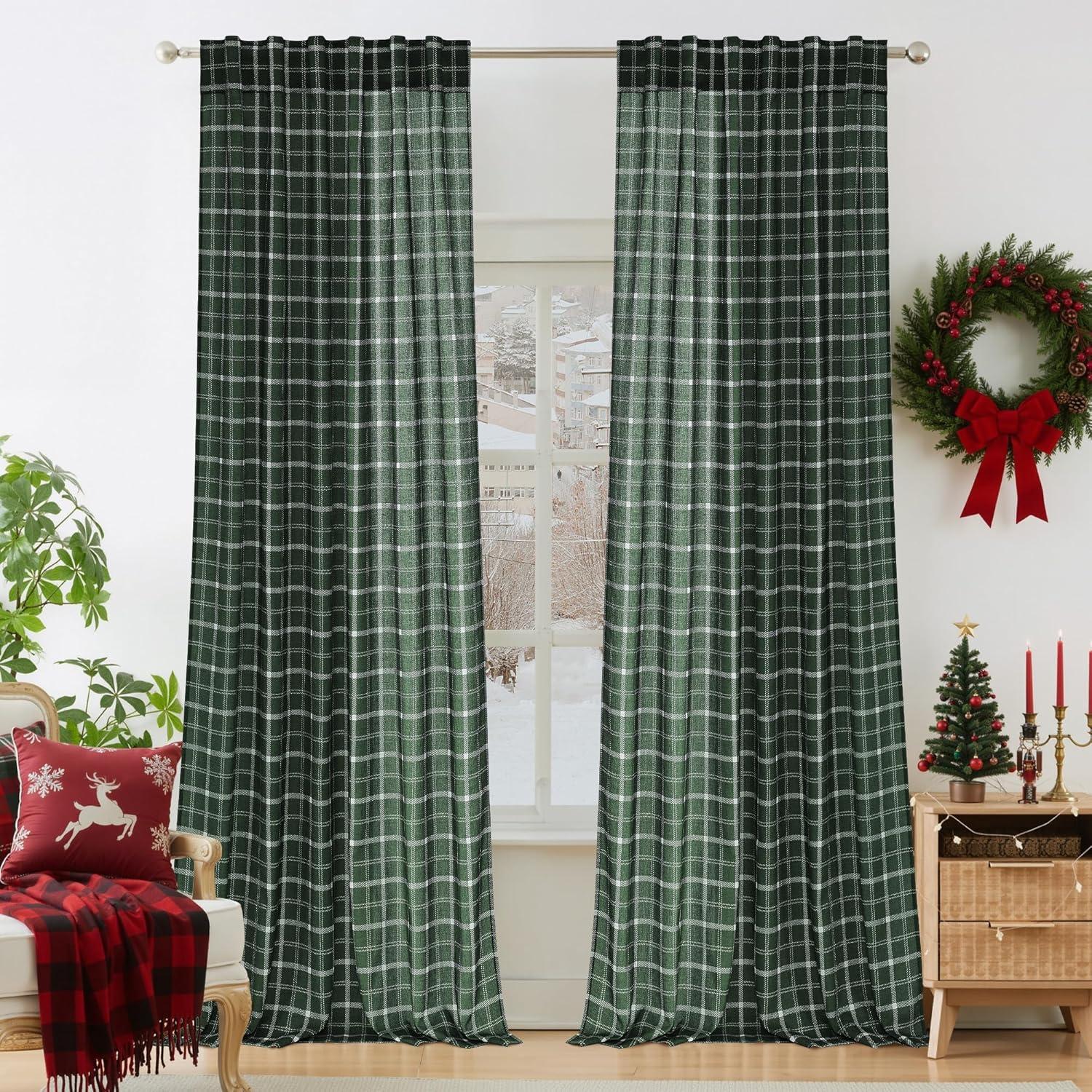 imageNICETOWN Linen Plaid Curtains 96 inches Long Grid Pattern Light Filtering Privacy Shade for Living Room Bedroom Farmhouse Rod Pocket Back Tab Semi Sheer Curtains 1 Pair Linen 52W x 96LGrid Pattern  Christmas Green