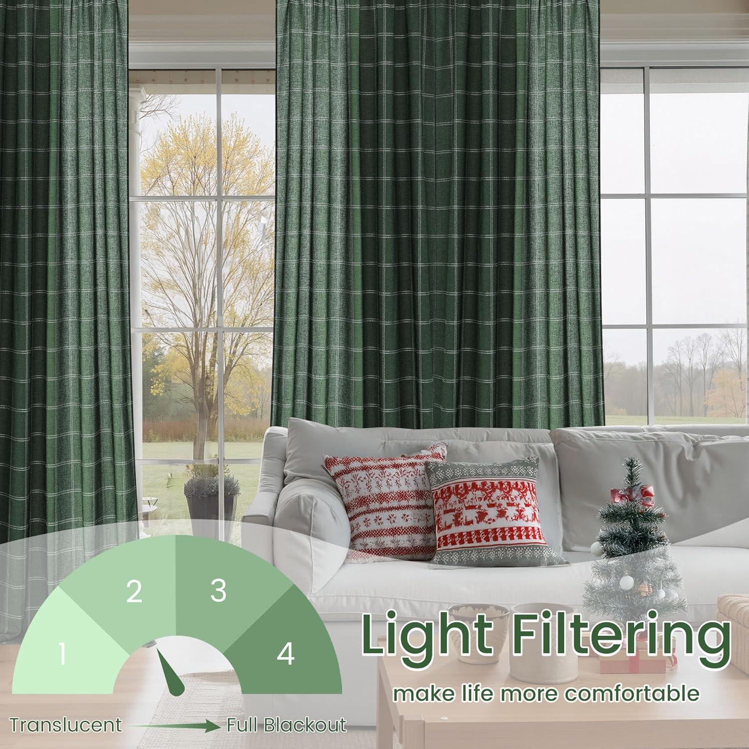 imageNICETOWN Linen Plaid Curtains 96 inches Long Grid Pattern Light Filtering Privacy Shade for Living Room Bedroom Farmhouse Rod Pocket Back Tab Semi Sheer Curtains 1 Pair Linen 52W x 96LDiagonal Check  Christmas Green