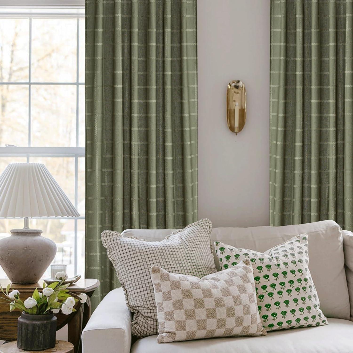 imageNICETOWN Linen Plaid Curtains 96 inches Long Grid Pattern Light Filtering Privacy Shade for Living Room Bedroom Farmhouse Rod Pocket Back Tab Semi Sheer Curtains 1 Pair Linen 52W x 96LDiagonal Check  Moss Green