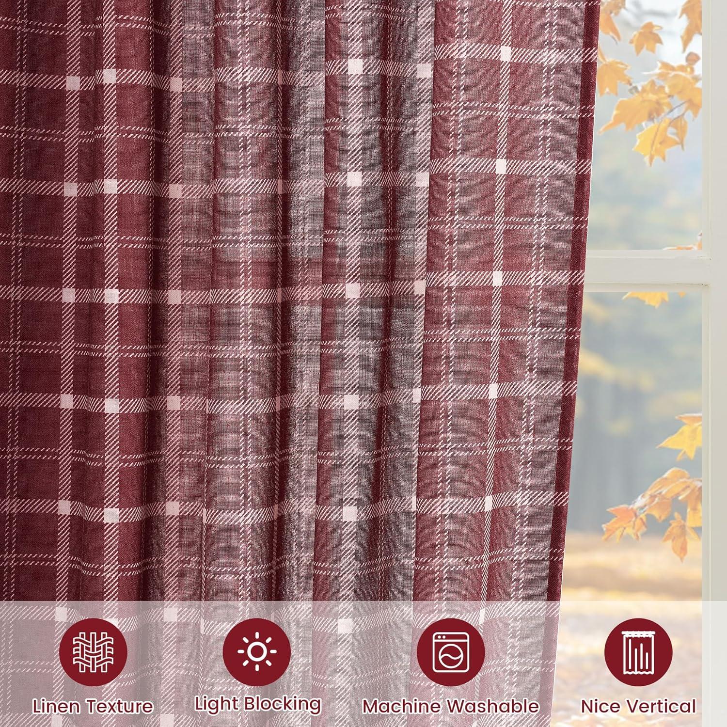 imageNICETOWN Linen Plaid Curtains 96 inches Long Grid Pattern Light Filtering Privacy Shade for Living Room Bedroom Farmhouse Rod Pocket Back Tab Semi Sheer Curtains 1 Pair Linen 52W x 96LGrid Pattern  Christmas Red