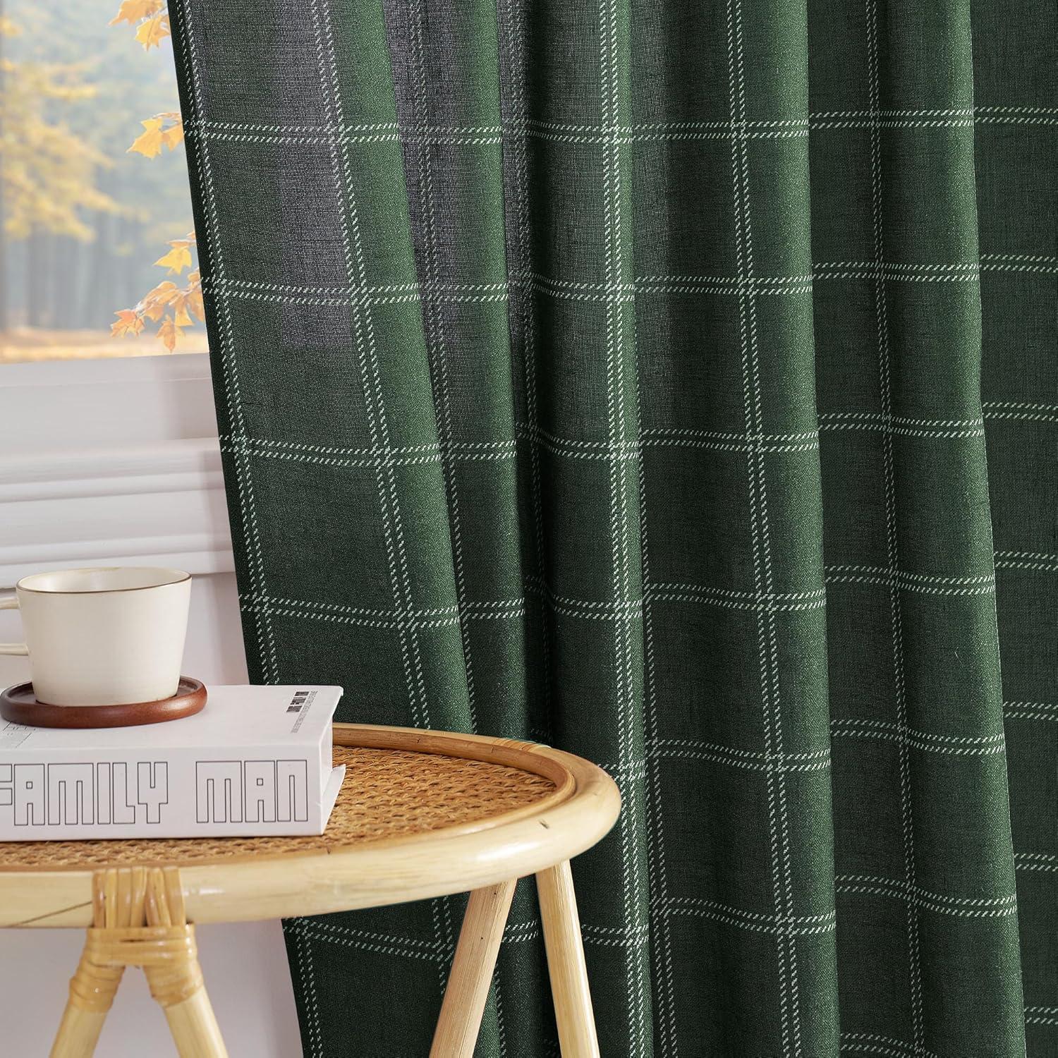 imageNICETOWN Linen Plaid Curtains 96 inches Long Grid Pattern Light Filtering Privacy Shade for Living Room Bedroom Farmhouse Rod Pocket Back Tab Semi Sheer Curtains 1 Pair Linen 52W x 96LDiagonal Check  Christmas Green
