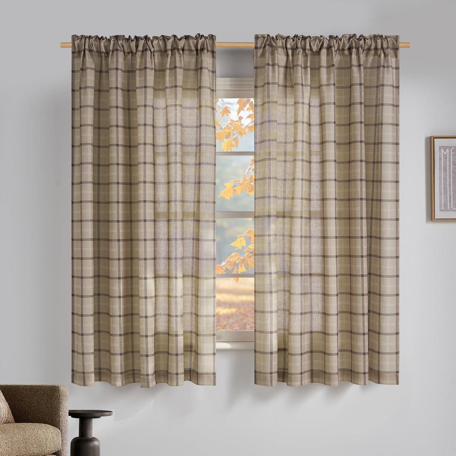 imageNICETOWN Linen Plaid Curtains 96 inches Long Grid Pattern Light Filtering Privacy Shade for Living Room Bedroom Farmhouse Rod Pocket Back Tab Semi Sheer Curtains 1 Pair Linen 52W x 96LGrid Pattern  Light Greige