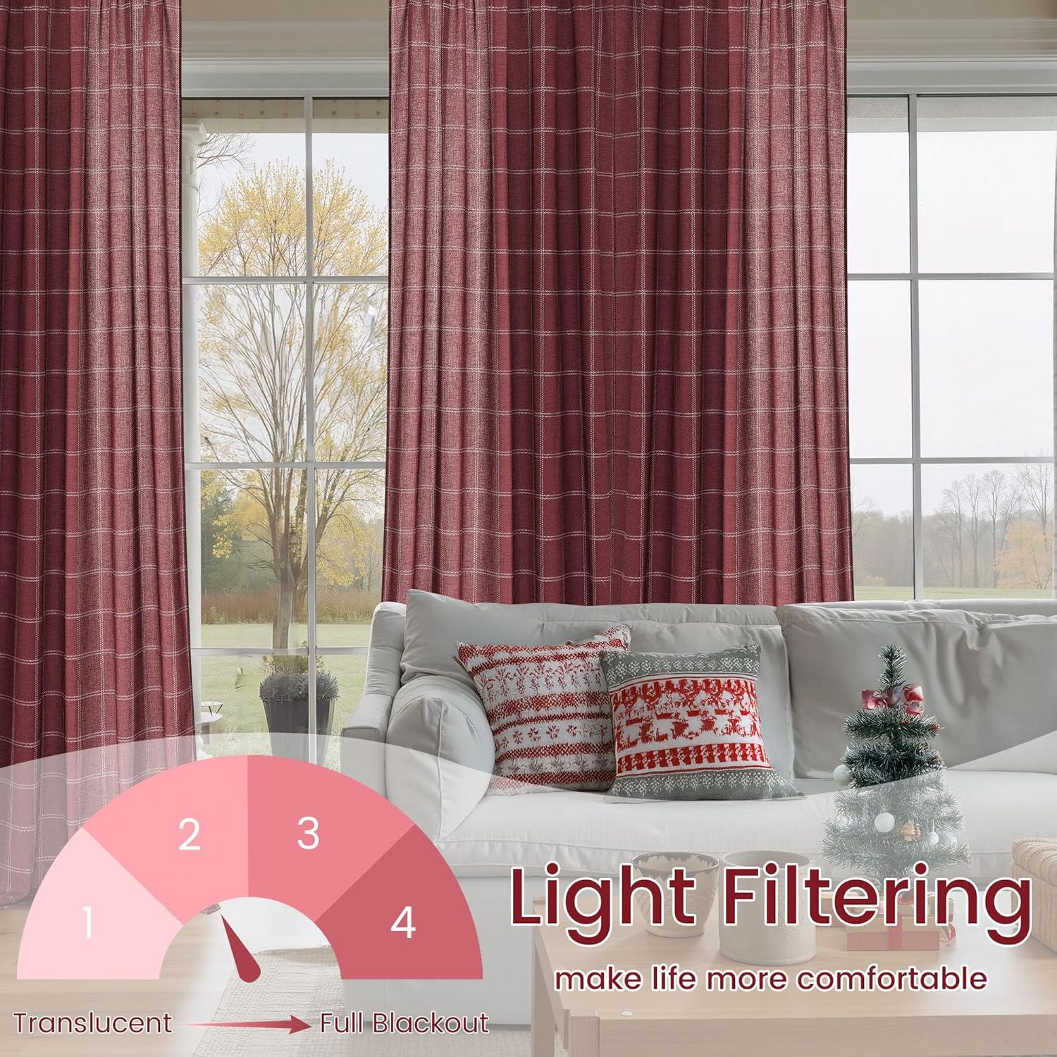 imageNICETOWN Linen Plaid Curtains 96 inches Long Grid Pattern Light Filtering Privacy Shade for Living Room Bedroom Farmhouse Rod Pocket Back Tab Semi Sheer Curtains 1 Pair Linen 52W x 96LDiagonal Check  Christmas Red