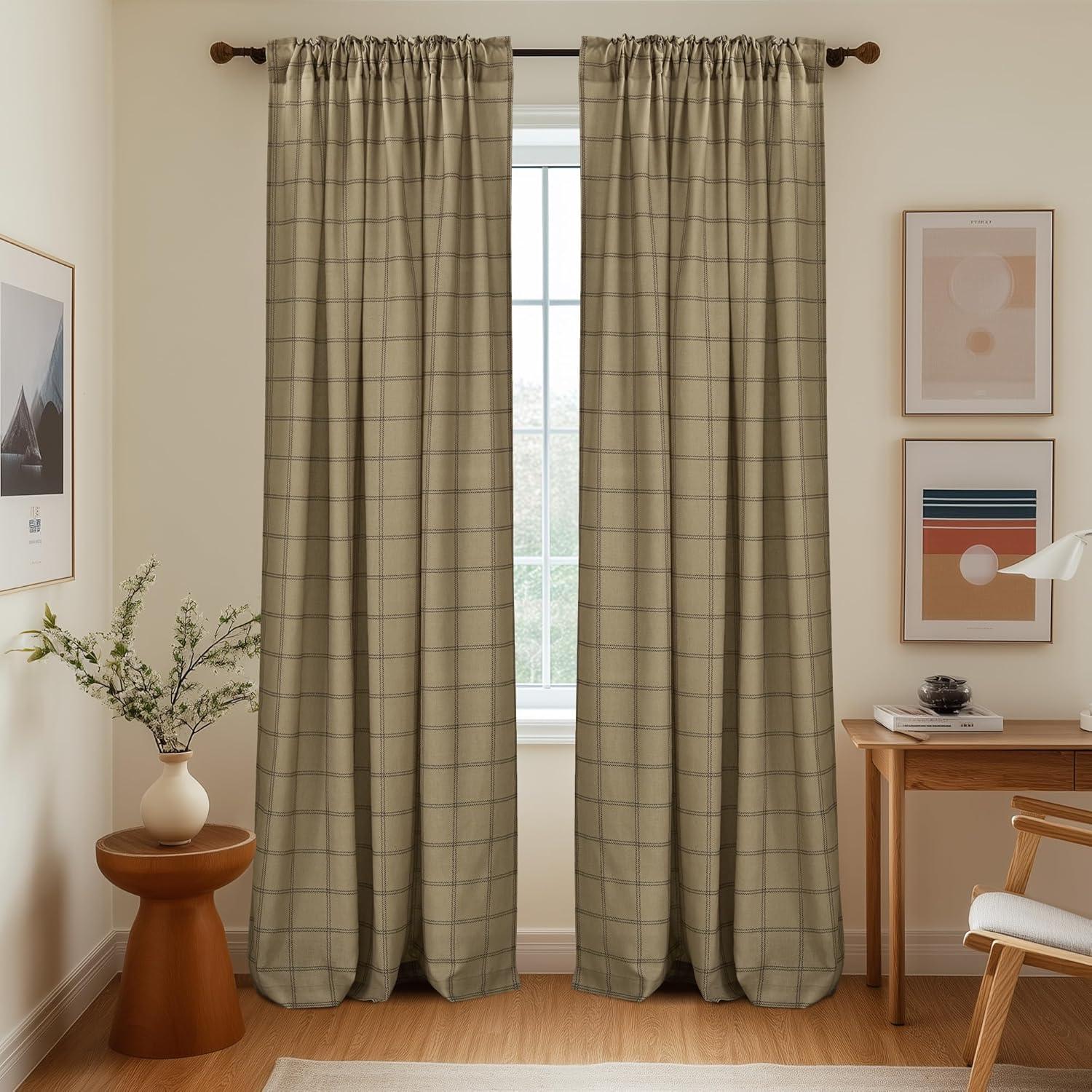 imageNICETOWN Linen Plaid Curtains 96 inches Long Grid Pattern Light Filtering Privacy Shade for Living Room Bedroom Farmhouse Rod Pocket Back Tab Semi Sheer Curtains 1 Pair Linen 52W x 96LDiagonal Check  Linen
