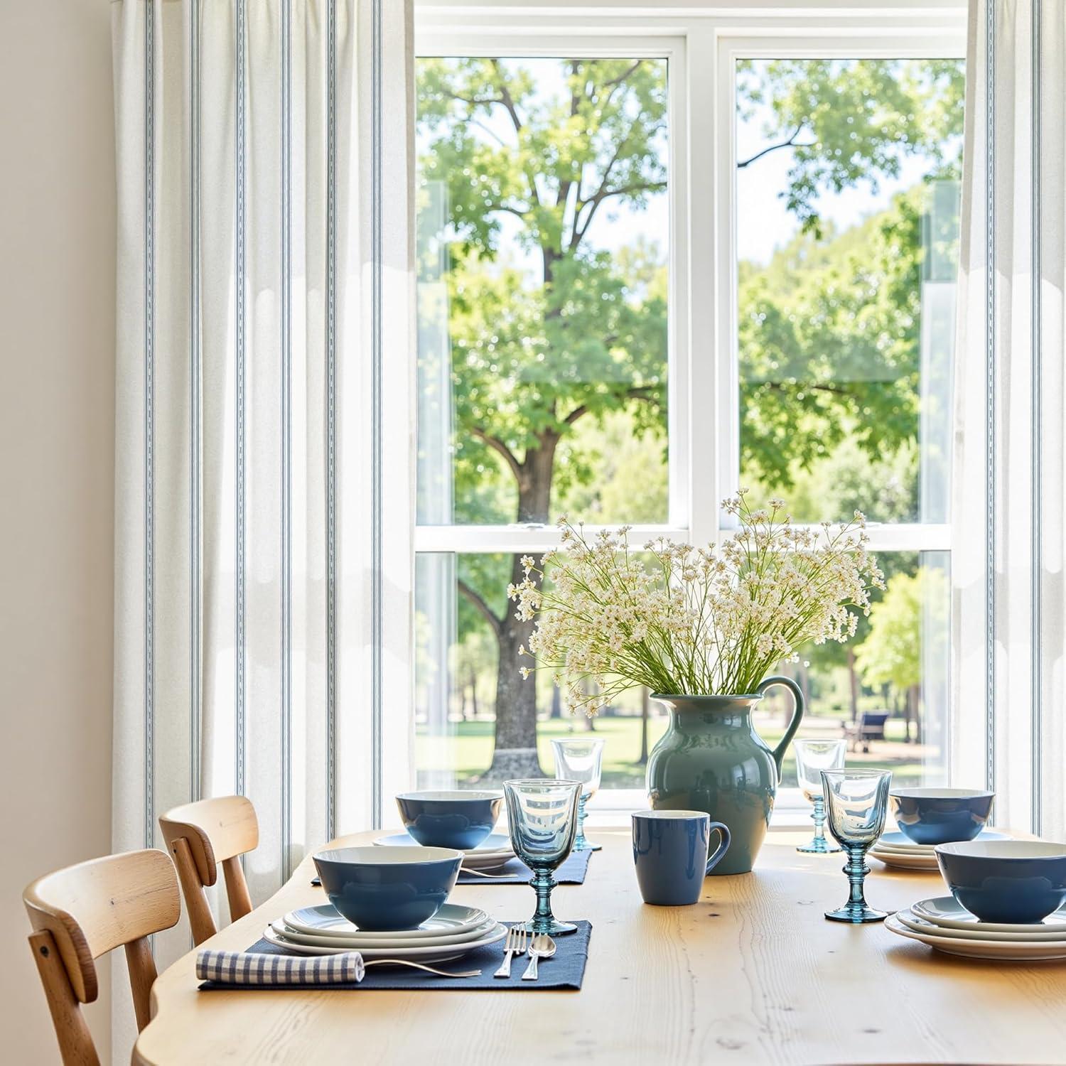 imageNICETOWN Linen Plaid Curtains 96 inches Long Grid Pattern Light Filtering Privacy Shade for Living Room Bedroom Farmhouse Rod Pocket Back Tab Semi Sheer Curtains 1 Pair Linen 52W x 96LSea Blue