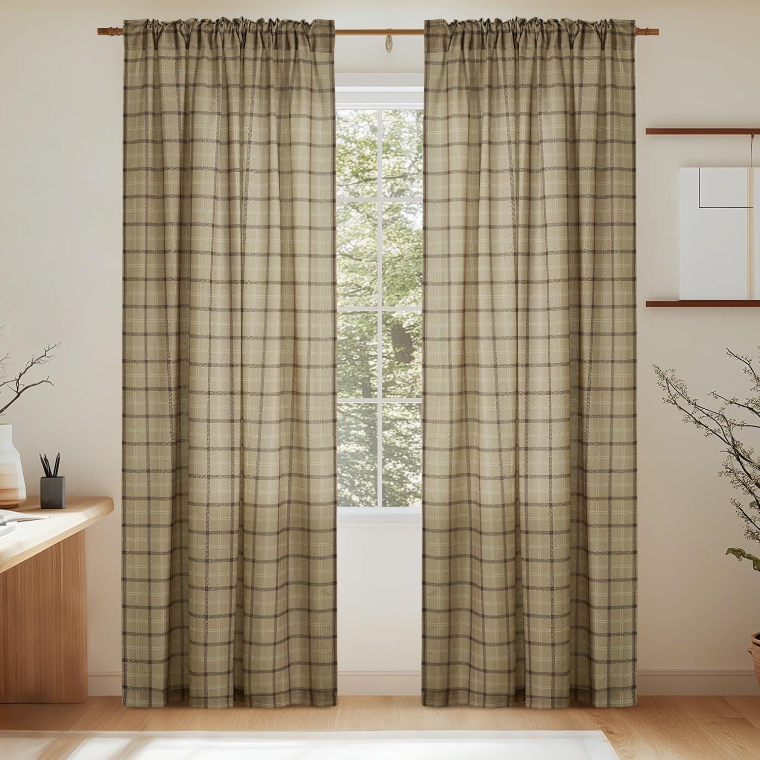 imageNICETOWN Linen Plaid Curtains 96 inches Long Grid Pattern Light Filtering Privacy Shade for Living Room Bedroom Farmhouse Rod Pocket Back Tab Semi Sheer Curtains 1 Pair Linen 52W x 96LGrid Pattern  Linen