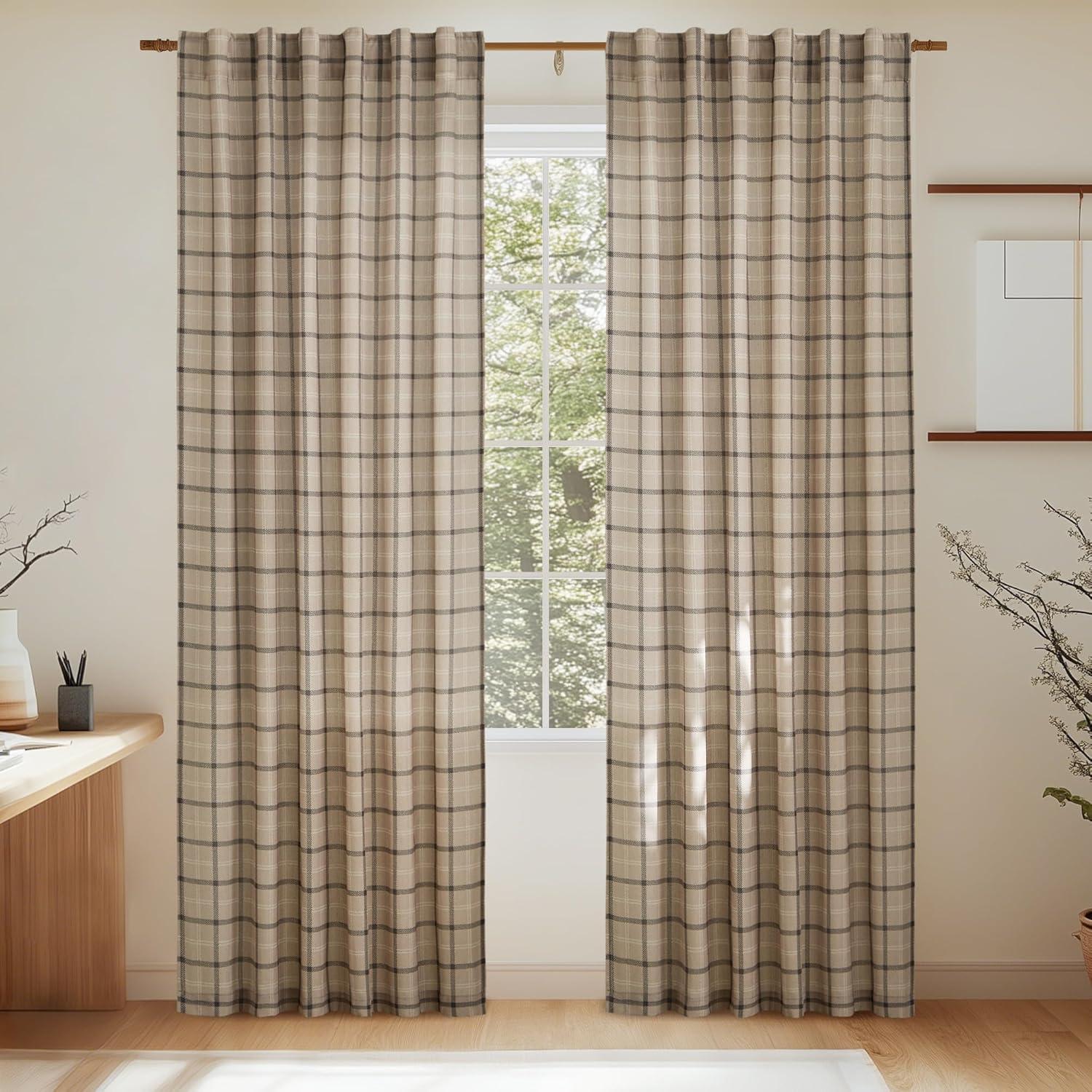 imageNICETOWN Linen Plaid Curtains 96 inches Long Grid Pattern Light Filtering Privacy Shade for Living Room Bedroom Farmhouse Rod Pocket Back Tab Semi Sheer Curtains 1 Pair Linen 52W x 96LGrid Pattern  Light Greige