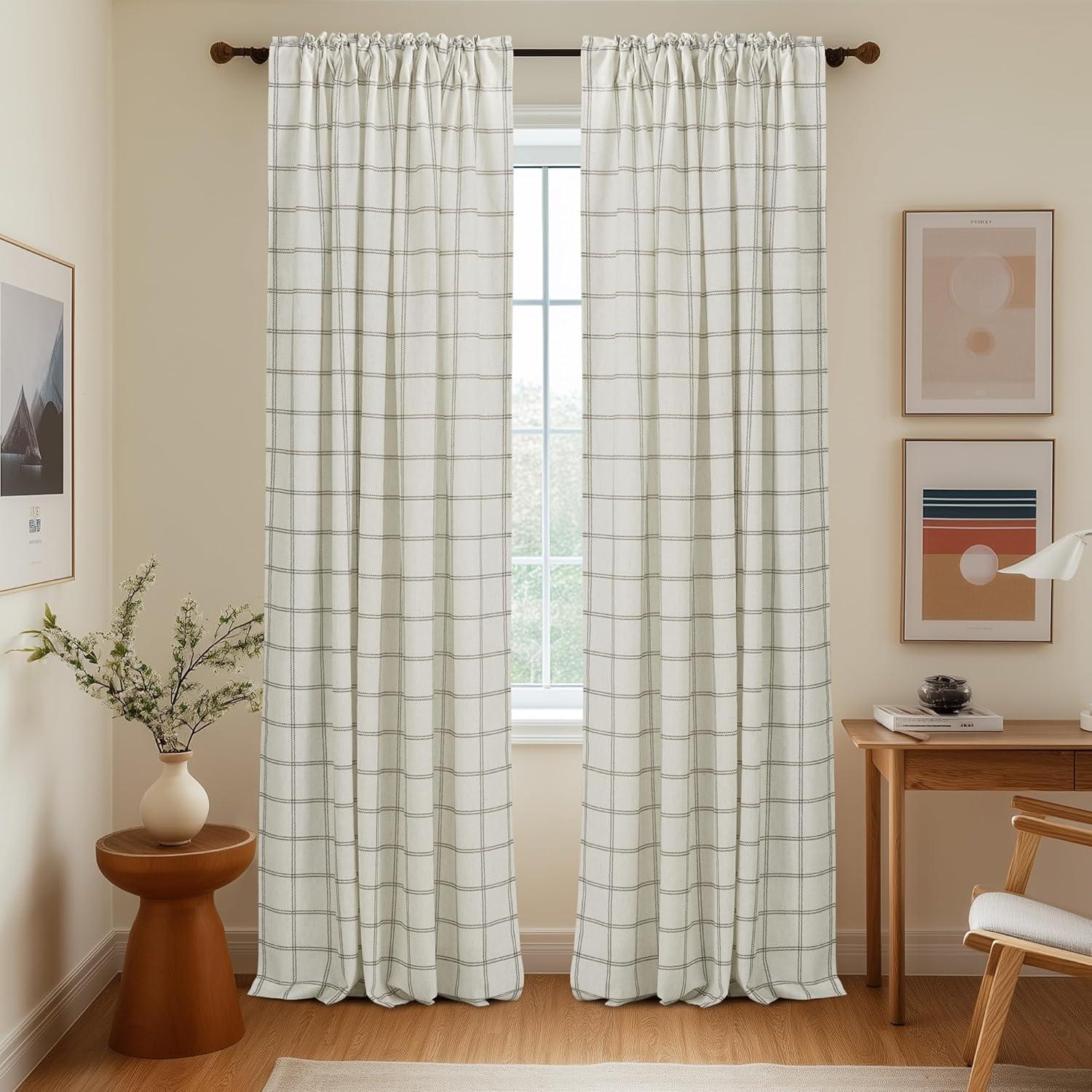 imageNICETOWN Linen Plaid Curtains 96 inches Long Grid Pattern Light Filtering Privacy Shade for Living Room Bedroom Farmhouse Rod Pocket Back Tab Semi Sheer Curtains 1 Pair Linen 52W x 96LDiagonal Check  White