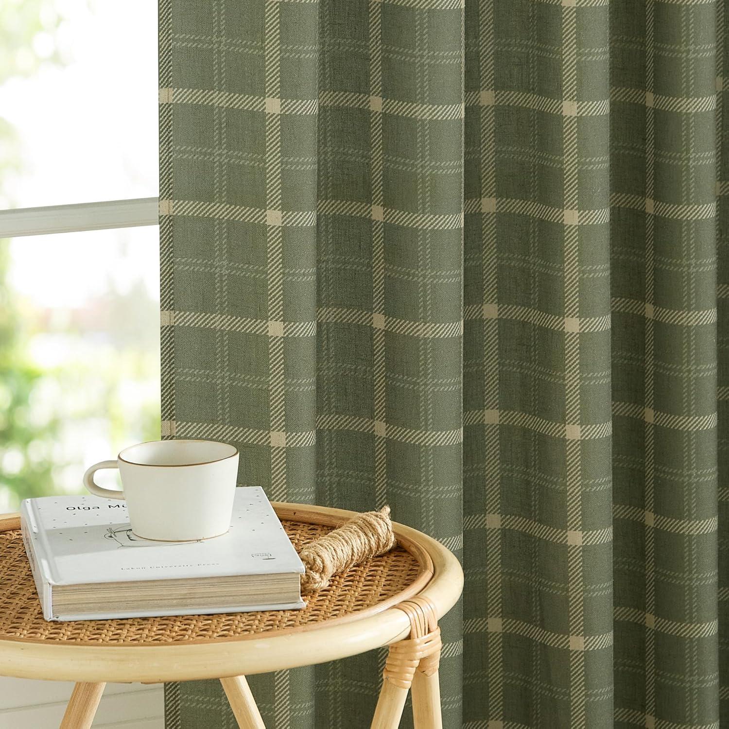 imageNICETOWN Linen Plaid Curtains 96 inches Long Grid Pattern Light Filtering Privacy Shade for Living Room Bedroom Farmhouse Rod Pocket Back Tab Semi Sheer Curtains 1 Pair Linen 52W x 96LGrid Pattern  Moss Green