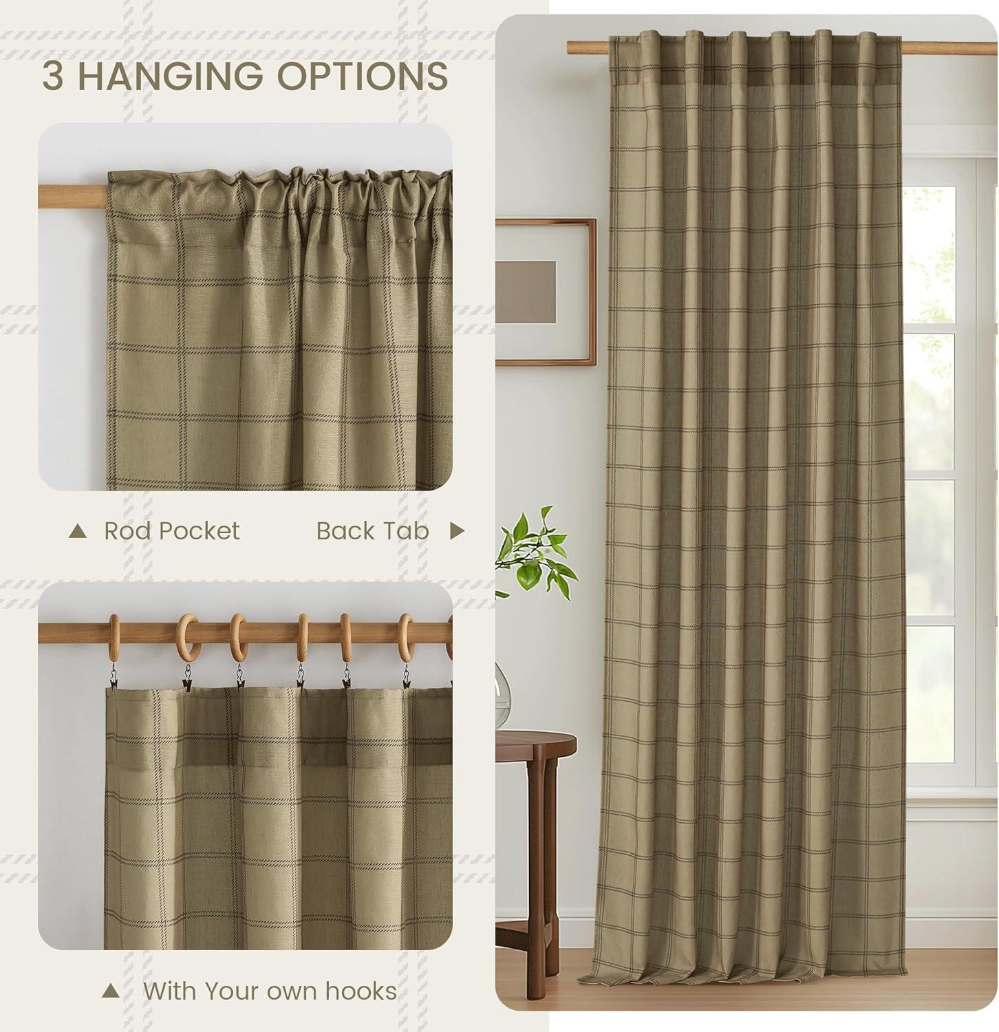 imageNICETOWN Linen Plaid Curtains 96 inches Long Grid Pattern Light Filtering Privacy Shade for Living Room Bedroom Farmhouse Rod Pocket Back Tab Semi Sheer Curtains 1 Pair Linen 52W x 96LDiagonal Check  Linen