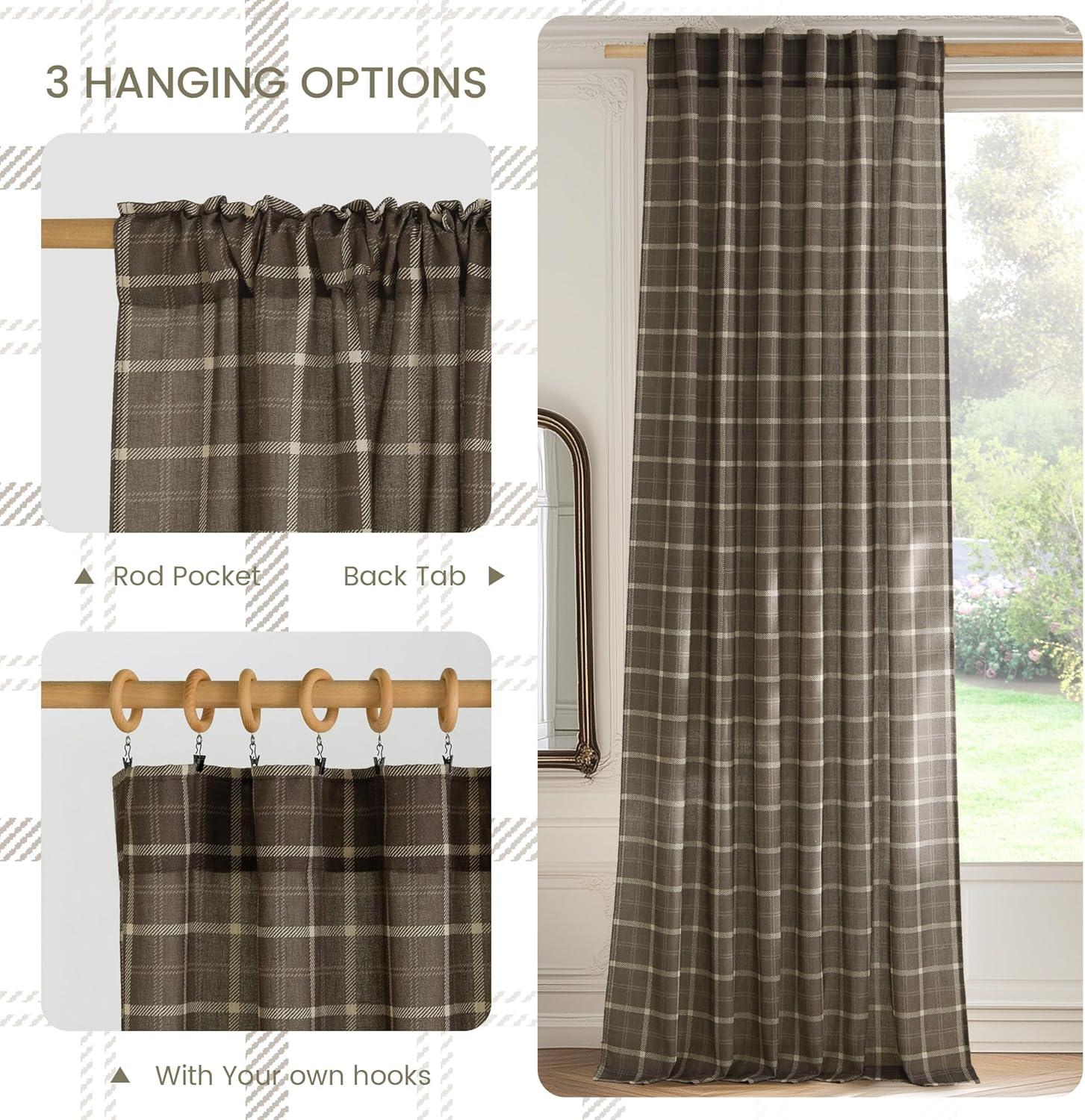 imageNICETOWN Linen Plaid Curtains 96 inches Long Grid Pattern Light Filtering Privacy Shade for Living Room Bedroom Farmhouse Rod Pocket Back Tab Semi Sheer Curtains 1 Pair Linen 52W x 96LGrid Pattern  Taupe