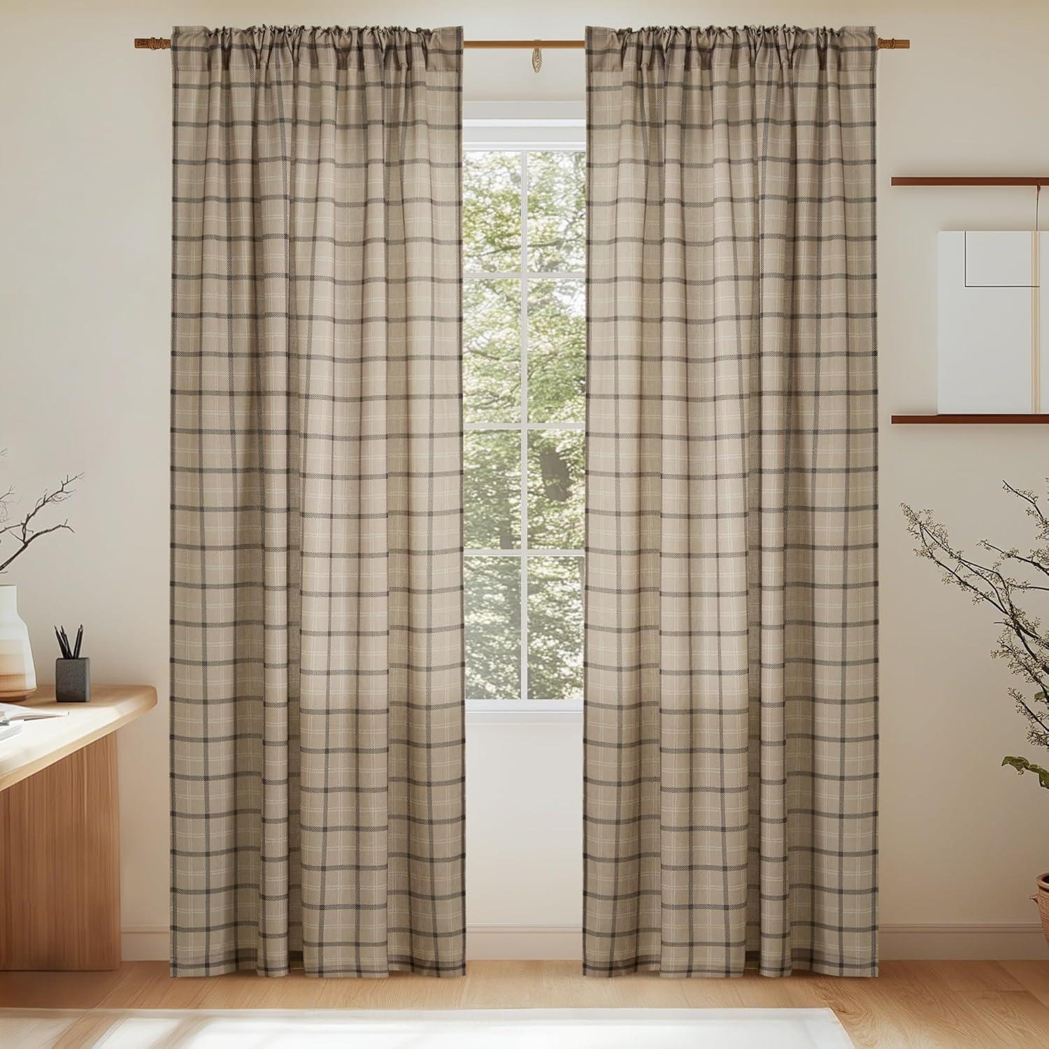 imageNICETOWN Linen Plaid Curtains 96 inches Long Grid Pattern Light Filtering Privacy Shade for Living Room Bedroom Farmhouse Rod Pocket Back Tab Semi Sheer Curtains 1 Pair Linen 52W x 96LDiagonal Check  Light Greige