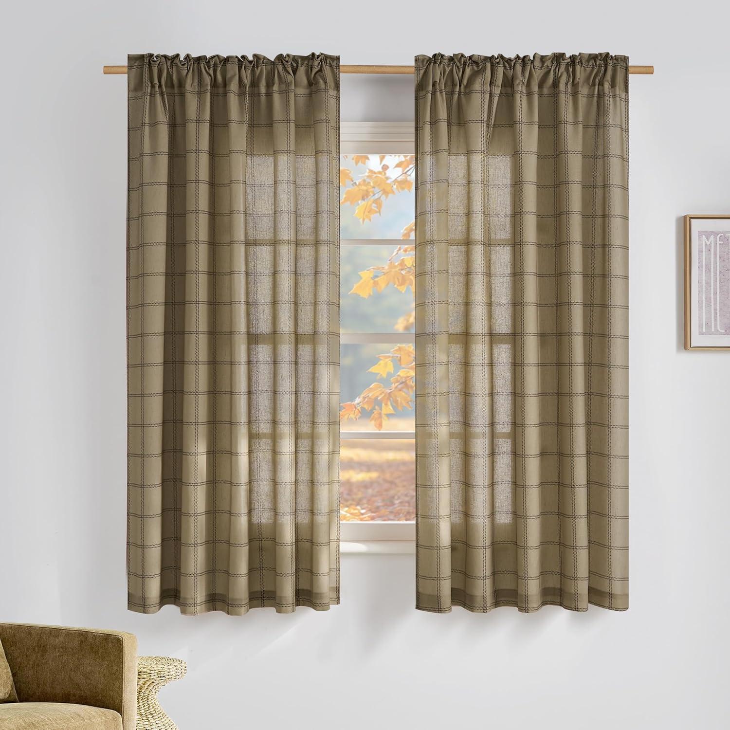 imageNICETOWN Linen Plaid Curtains 96 inches Long Grid Pattern Light Filtering Privacy Shade for Living Room Bedroom Farmhouse Rod Pocket Back Tab Semi Sheer Curtains 1 Pair Linen 52W x 96LDiagonal Check  Linen