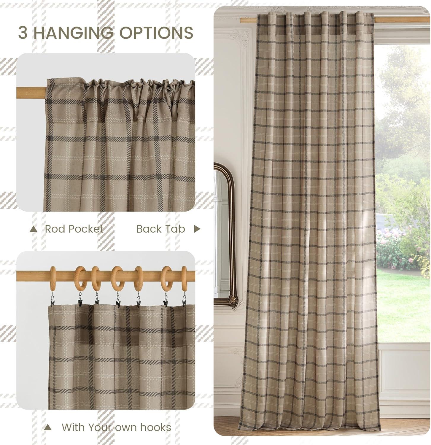 imageNICETOWN Linen Plaid Curtains 96 inches Long Grid Pattern Light Filtering Privacy Shade for Living Room Bedroom Farmhouse Rod Pocket Back Tab Semi Sheer Curtains 1 Pair Linen 52W x 96LGrid Pattern  Light Greige