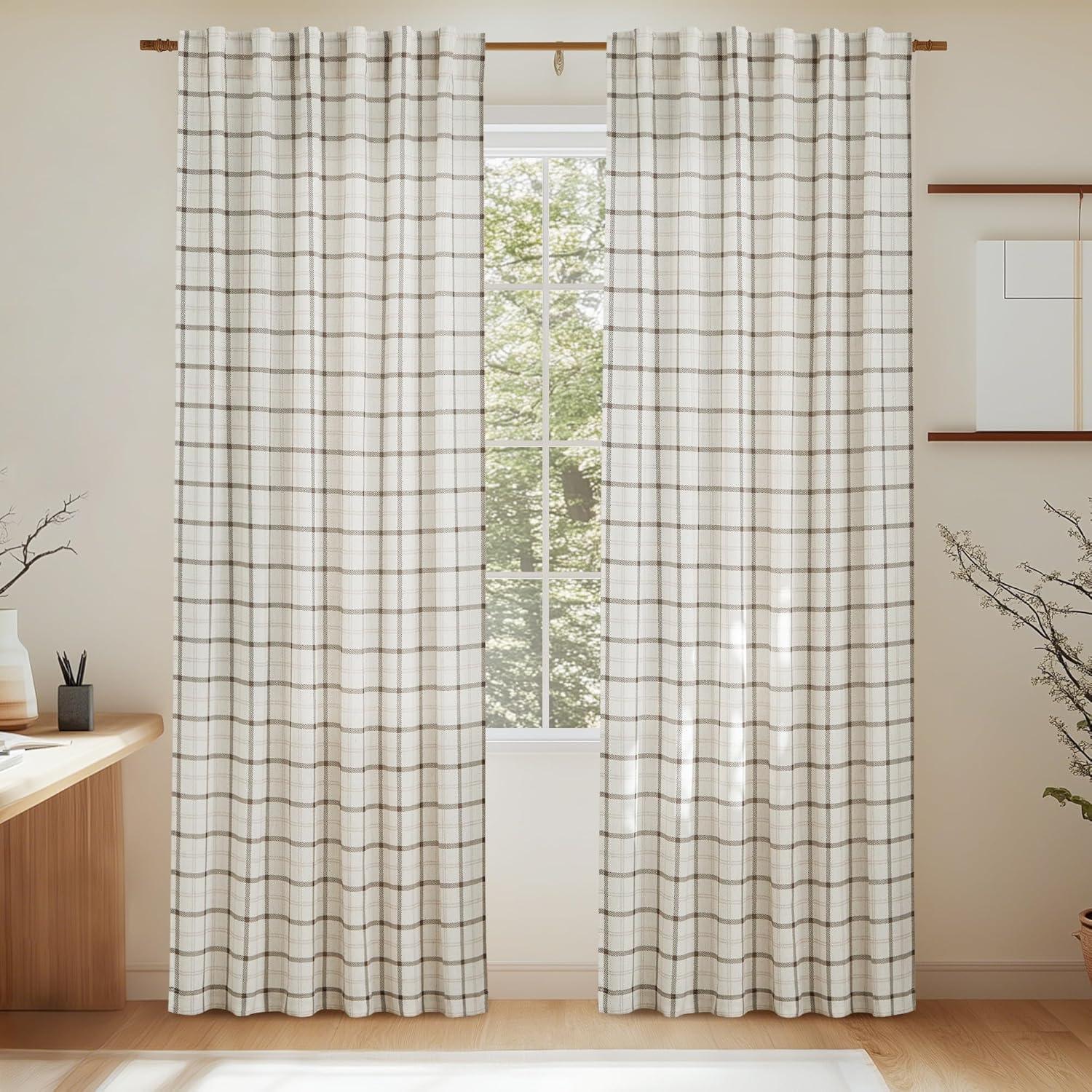 imageNICETOWN Linen Plaid Curtains 96 inches Long Grid Pattern Light Filtering Privacy Shade for Living Room Bedroom Farmhouse Rod Pocket Back Tab Semi Sheer Curtains 1 Pair Linen 52W x 96LGrid Pattern  White