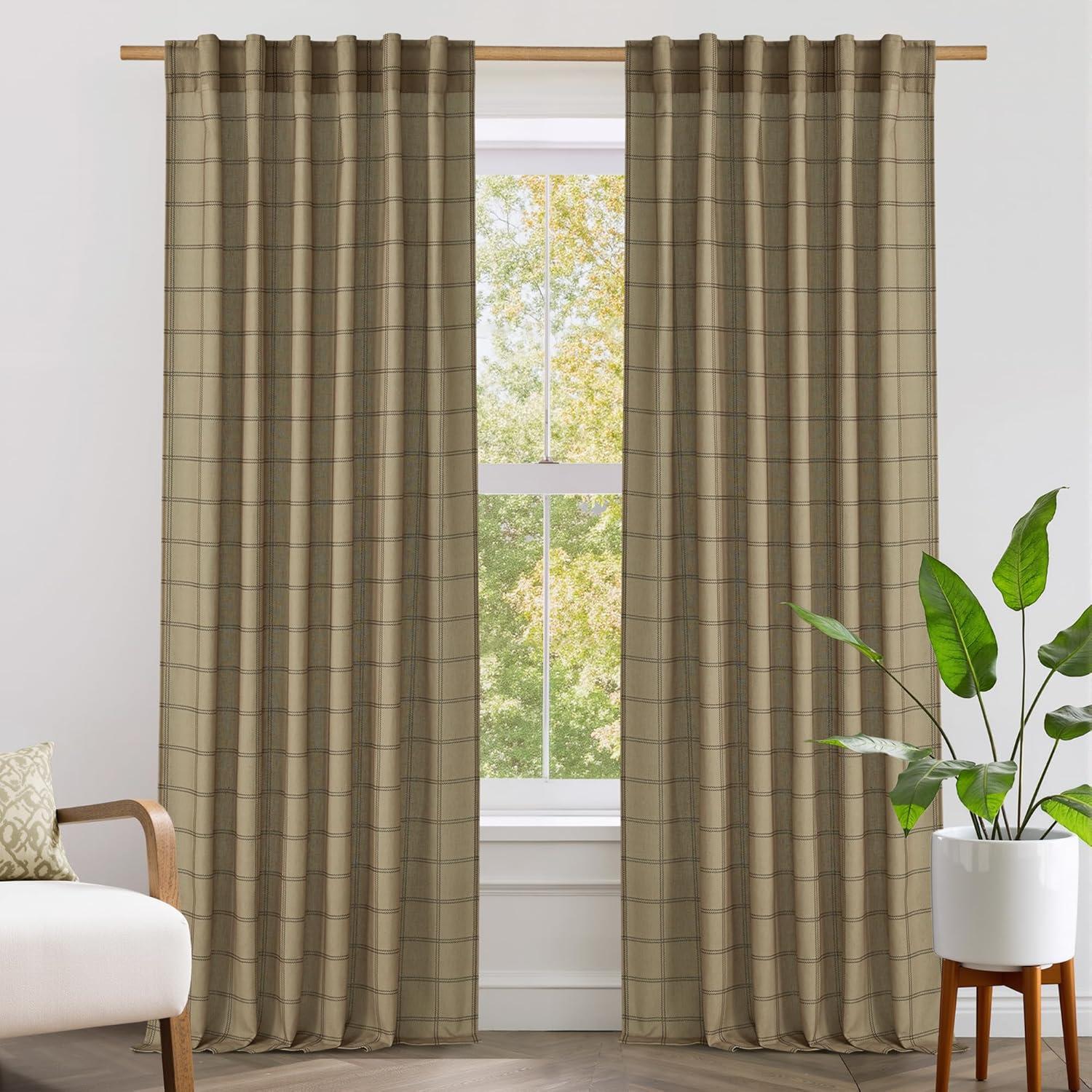 imageNICETOWN Linen Plaid Curtains 96 inches Long Grid Pattern Light Filtering Privacy Shade for Living Room Bedroom Farmhouse Rod Pocket Back Tab Semi Sheer Curtains 1 Pair Linen 52W x 96LDiagonal Check  Linen