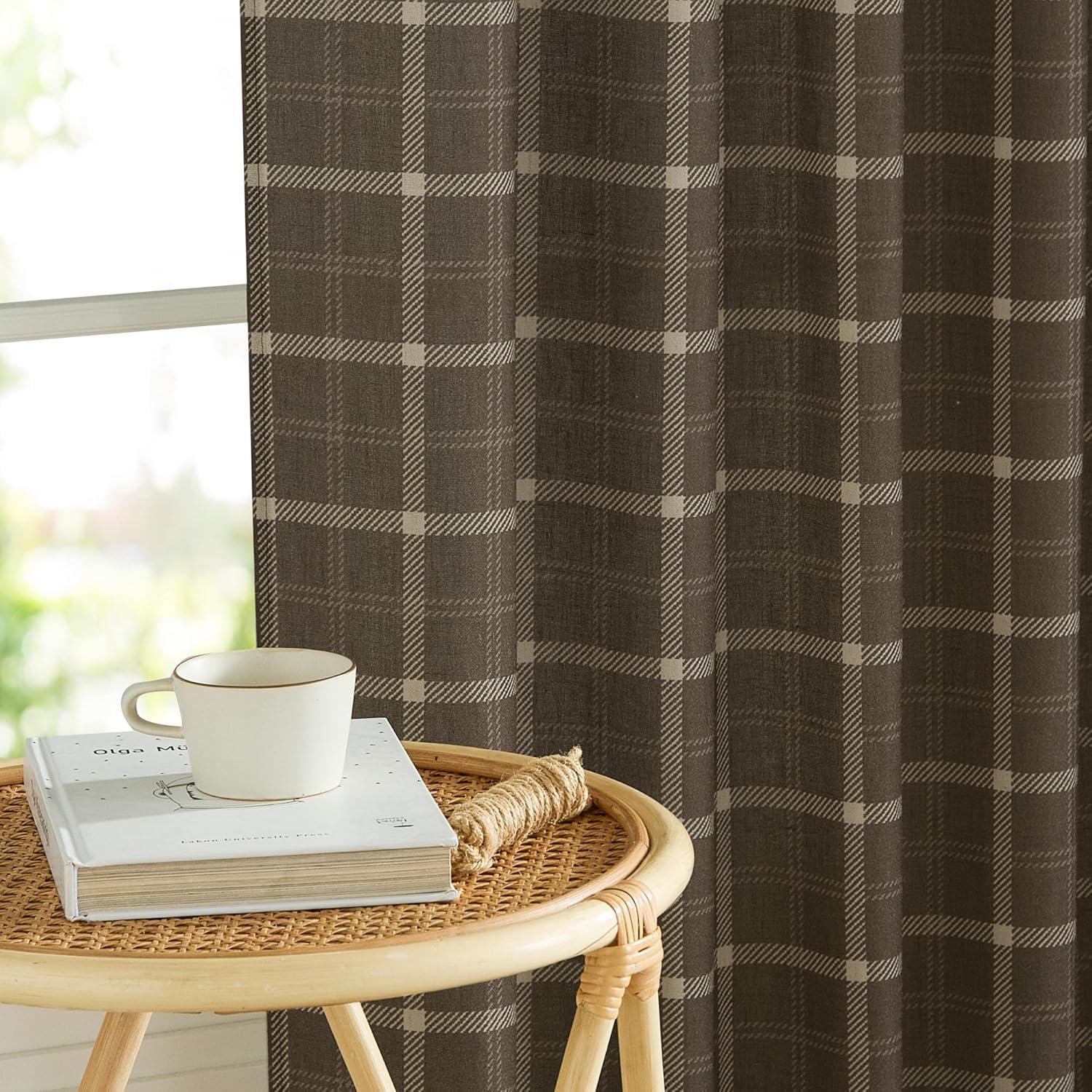 imageNICETOWN Linen Plaid Curtains 96 inches Long Grid Pattern Light Filtering Privacy Shade for Living Room Bedroom Farmhouse Rod Pocket Back Tab Semi Sheer Curtains 1 Pair Linen 52W x 96LGrid Pattern  Taupe