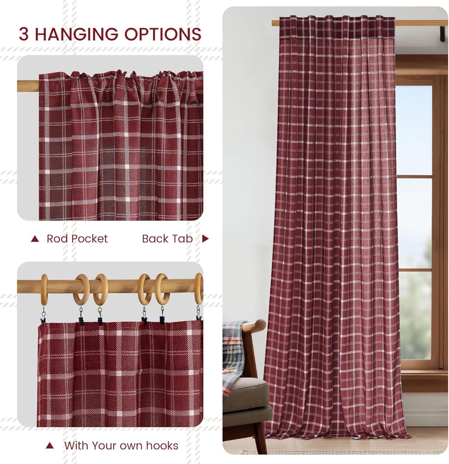 imageNICETOWN Linen Plaid Curtains 96 inches Long Grid Pattern Light Filtering Privacy Shade for Living Room Bedroom Farmhouse Rod Pocket Back Tab Semi Sheer Curtains 1 Pair Linen 52W x 96LGrid Pattern  Christmas Red