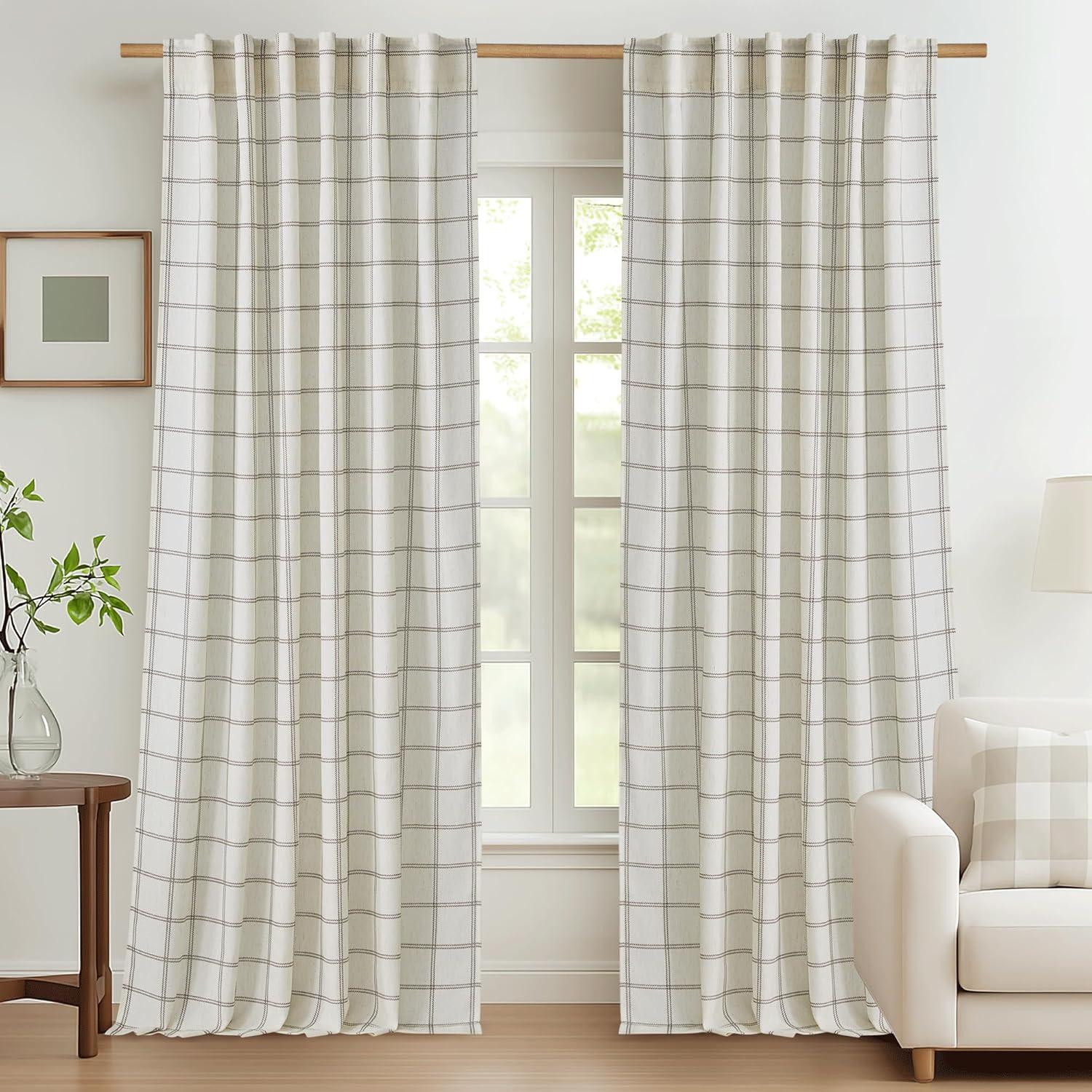 imageNICETOWN Linen Plaid Curtains 96 inches Long Grid Pattern Light Filtering Privacy Shade for Living Room Bedroom Farmhouse Rod Pocket Back Tab Semi Sheer Curtains 1 Pair Linen 52W x 96LDiagonal Check  White