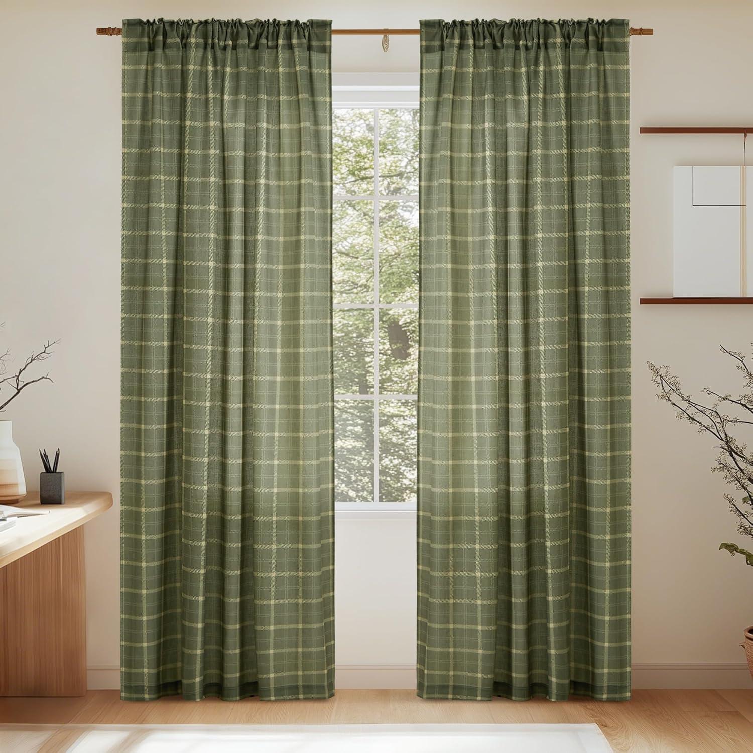 imageNICETOWN Linen Plaid Curtains 96 inches Long Grid Pattern Light Filtering Privacy Shade for Living Room Bedroom Farmhouse Rod Pocket Back Tab Semi Sheer Curtains 1 Pair Linen 52W x 96LGrid Pattern  Moss Green