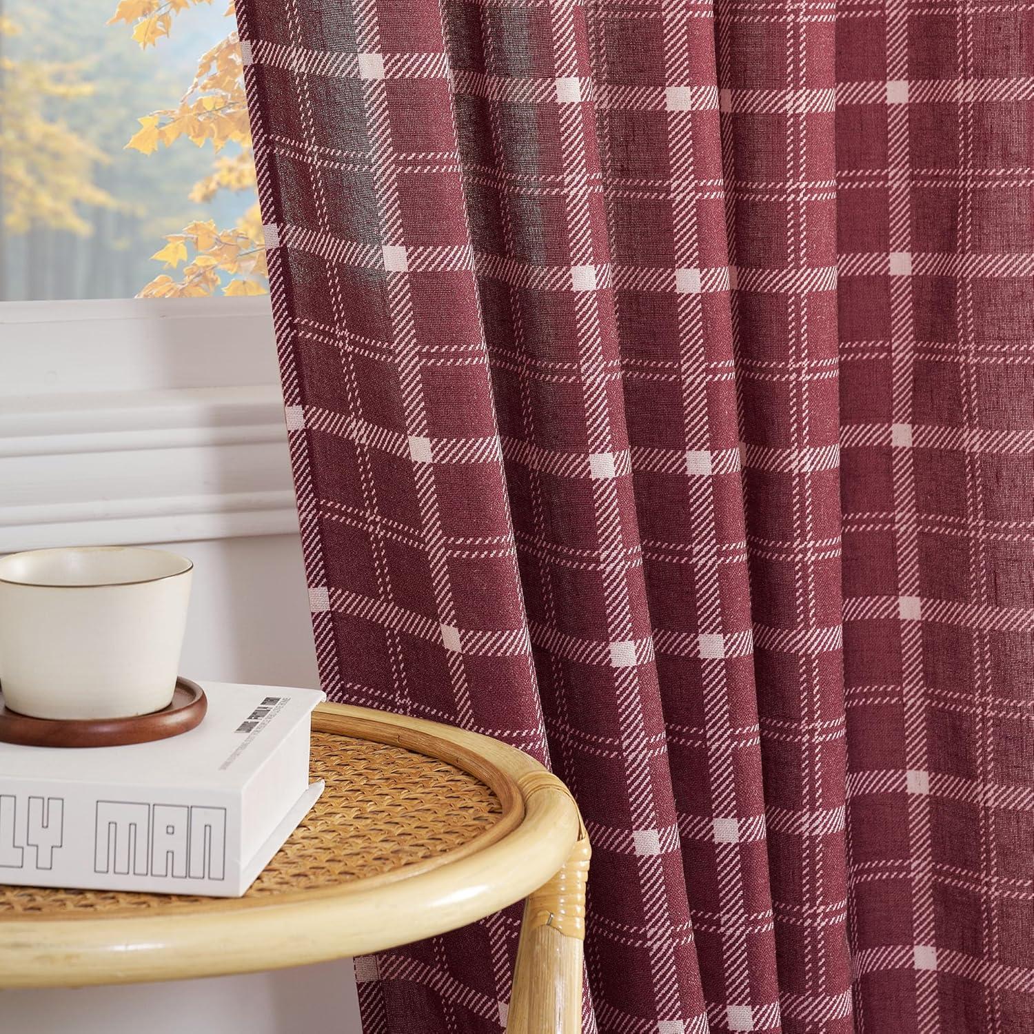 imageNICETOWN Linen Plaid Curtains 96 inches Long Grid Pattern Light Filtering Privacy Shade for Living Room Bedroom Farmhouse Rod Pocket Back Tab Semi Sheer Curtains 1 Pair Linen 52W x 96LGrid Pattern  Christmas Red