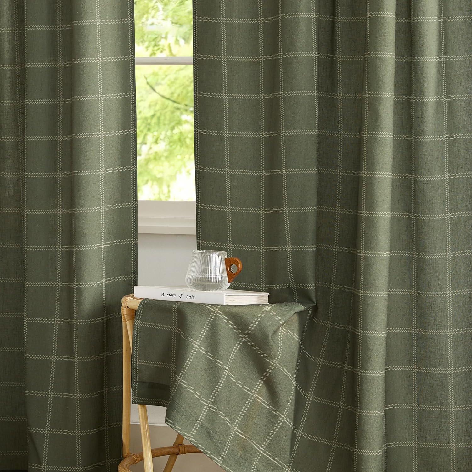 imageNICETOWN Linen Plaid Curtains 96 inches Long Grid Pattern Light Filtering Privacy Shade for Living Room Bedroom Farmhouse Rod Pocket Back Tab Semi Sheer Curtains 1 Pair Linen 52W x 96LDiagonal Check  Moss Green