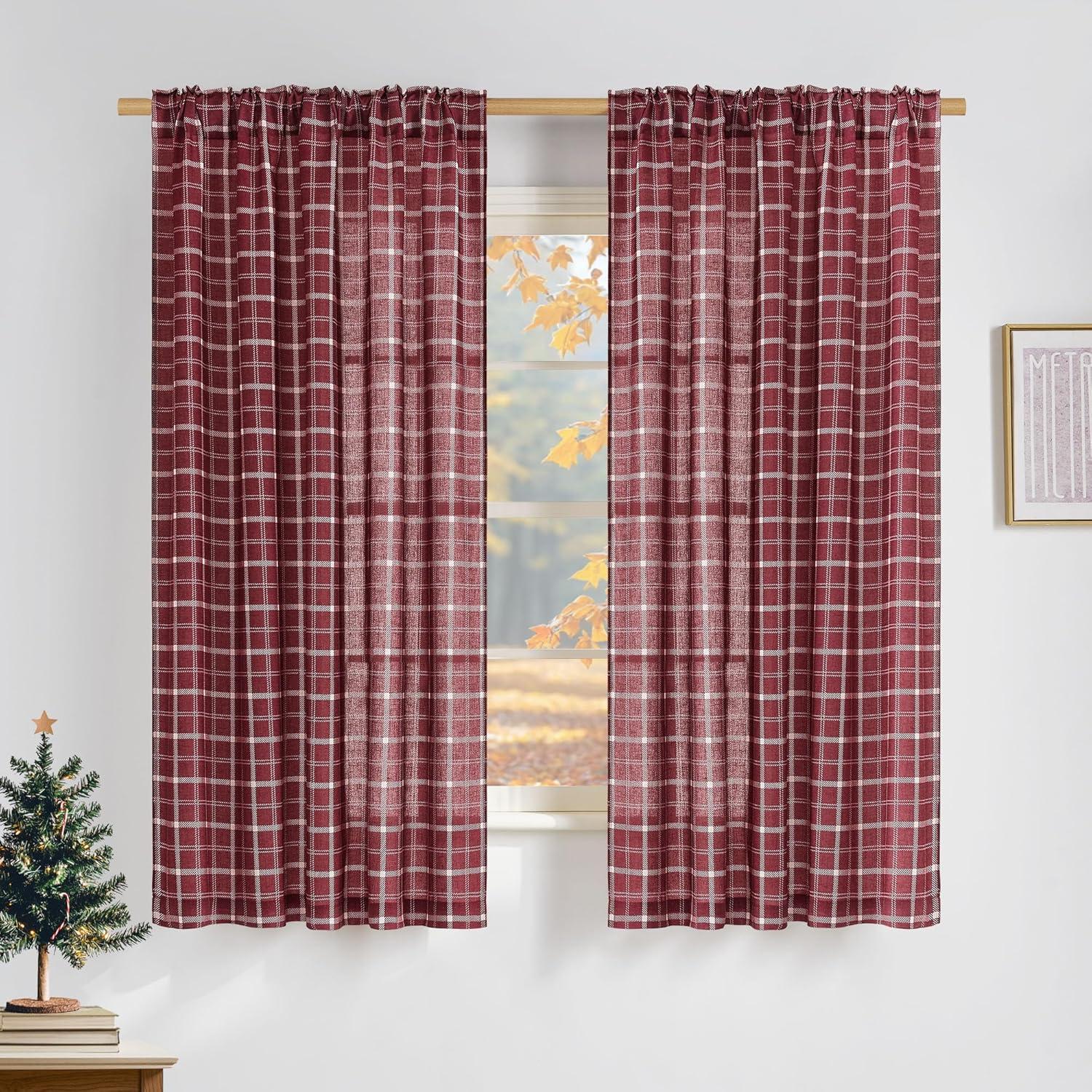 imageNICETOWN Linen Plaid Curtains 96 inches Long Grid Pattern Light Filtering Privacy Shade for Living Room Bedroom Farmhouse Rod Pocket Back Tab Semi Sheer Curtains 1 Pair Linen 52W x 96LGrid Pattern  Christmas Red