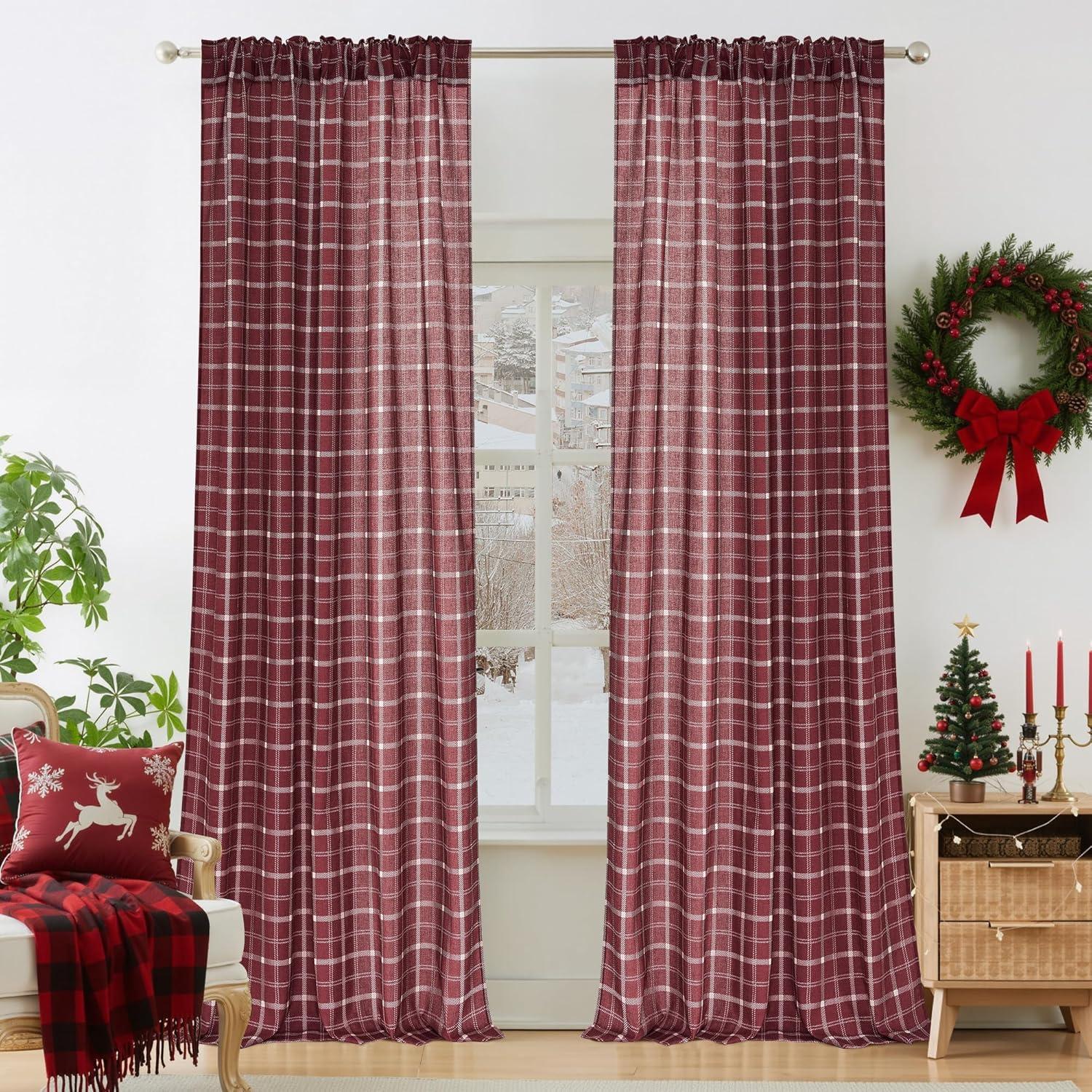 imageNICETOWN Linen Plaid Curtains 96 inches Long Grid Pattern Light Filtering Privacy Shade for Living Room Bedroom Farmhouse Rod Pocket Back Tab Semi Sheer Curtains 1 Pair Linen 52W x 96LGrid Pattern  Christmas Red