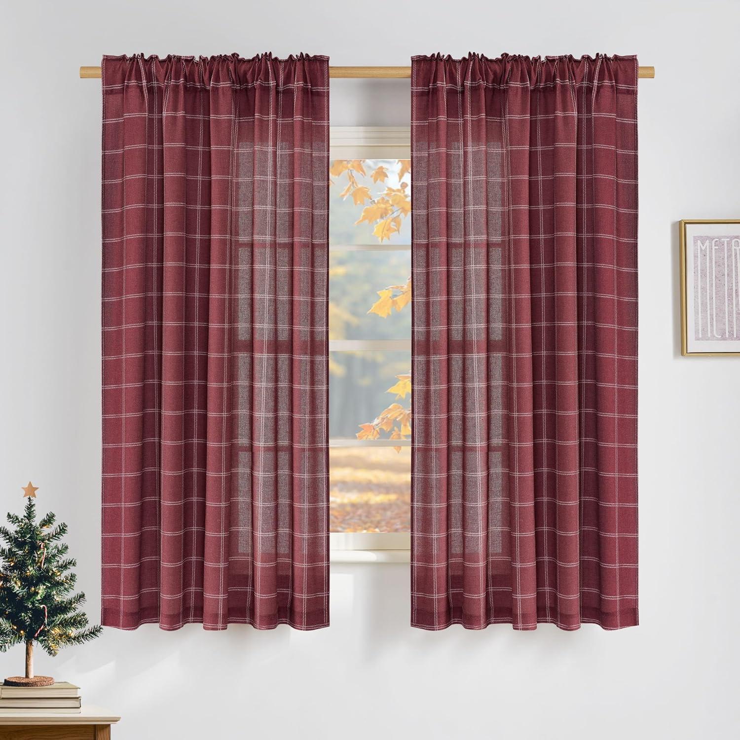 imageNICETOWN Linen Plaid Curtains 96 inches Long Grid Pattern Light Filtering Privacy Shade for Living Room Bedroom Farmhouse Rod Pocket Back Tab Semi Sheer Curtains 1 Pair Linen 52W x 96LDiagonal Check  Christmas Red