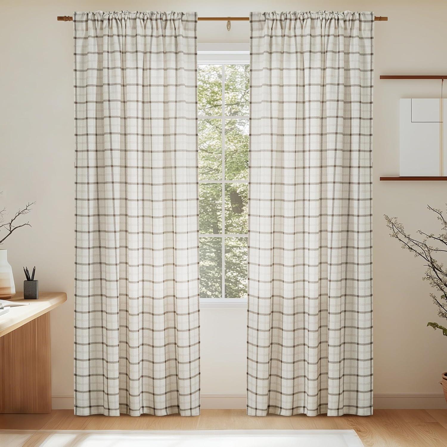 imageNICETOWN Linen Plaid Curtains 96 inches Long Grid Pattern Light Filtering Privacy Shade for Living Room Bedroom Farmhouse Rod Pocket Back Tab Semi Sheer Curtains 1 Pair Linen 52W x 96LGrid Pattern  White