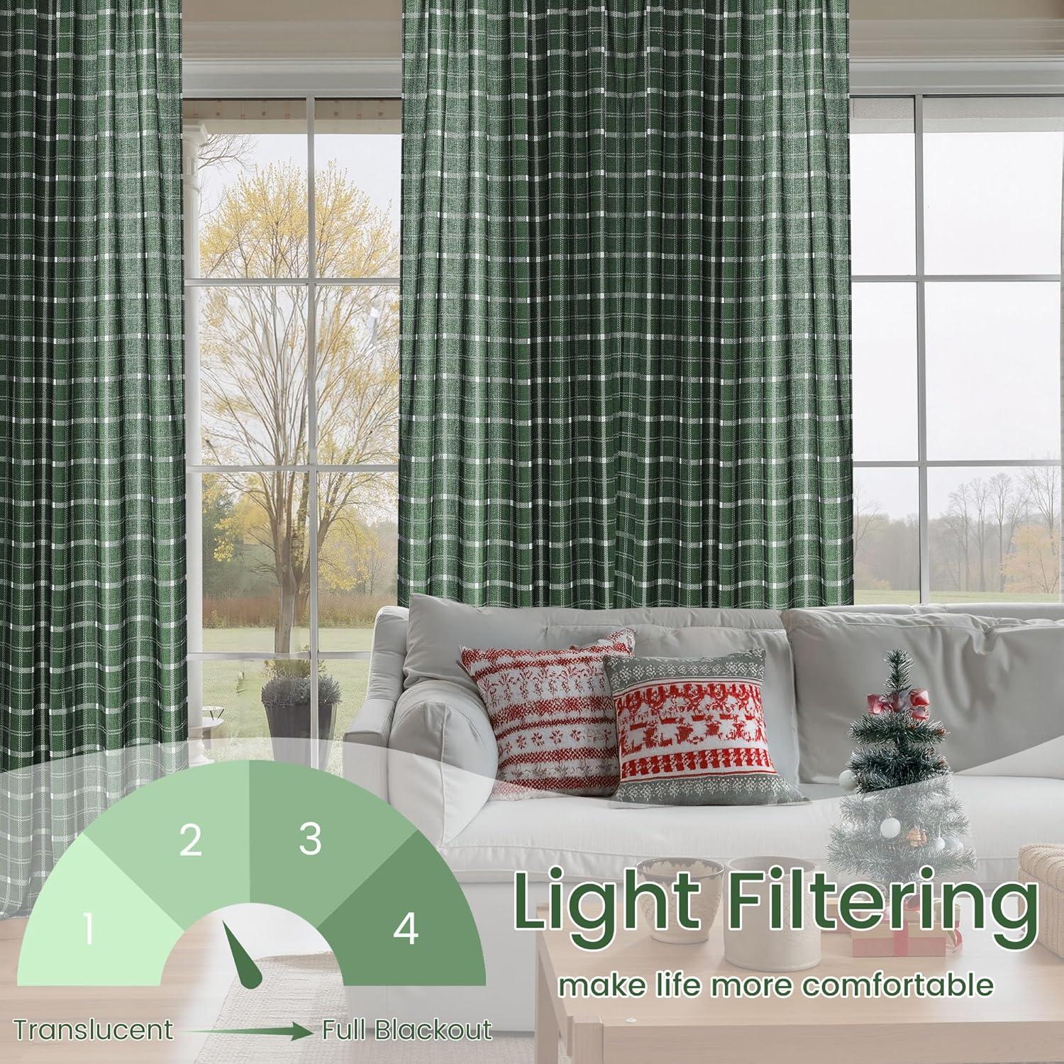 imageNICETOWN Linen Plaid Curtains 96 inches Long Grid Pattern Light Filtering Privacy Shade for Living Room Bedroom Farmhouse Rod Pocket Back Tab Semi Sheer Curtains 1 Pair Linen 52W x 96LGrid Pattern  Christmas Green