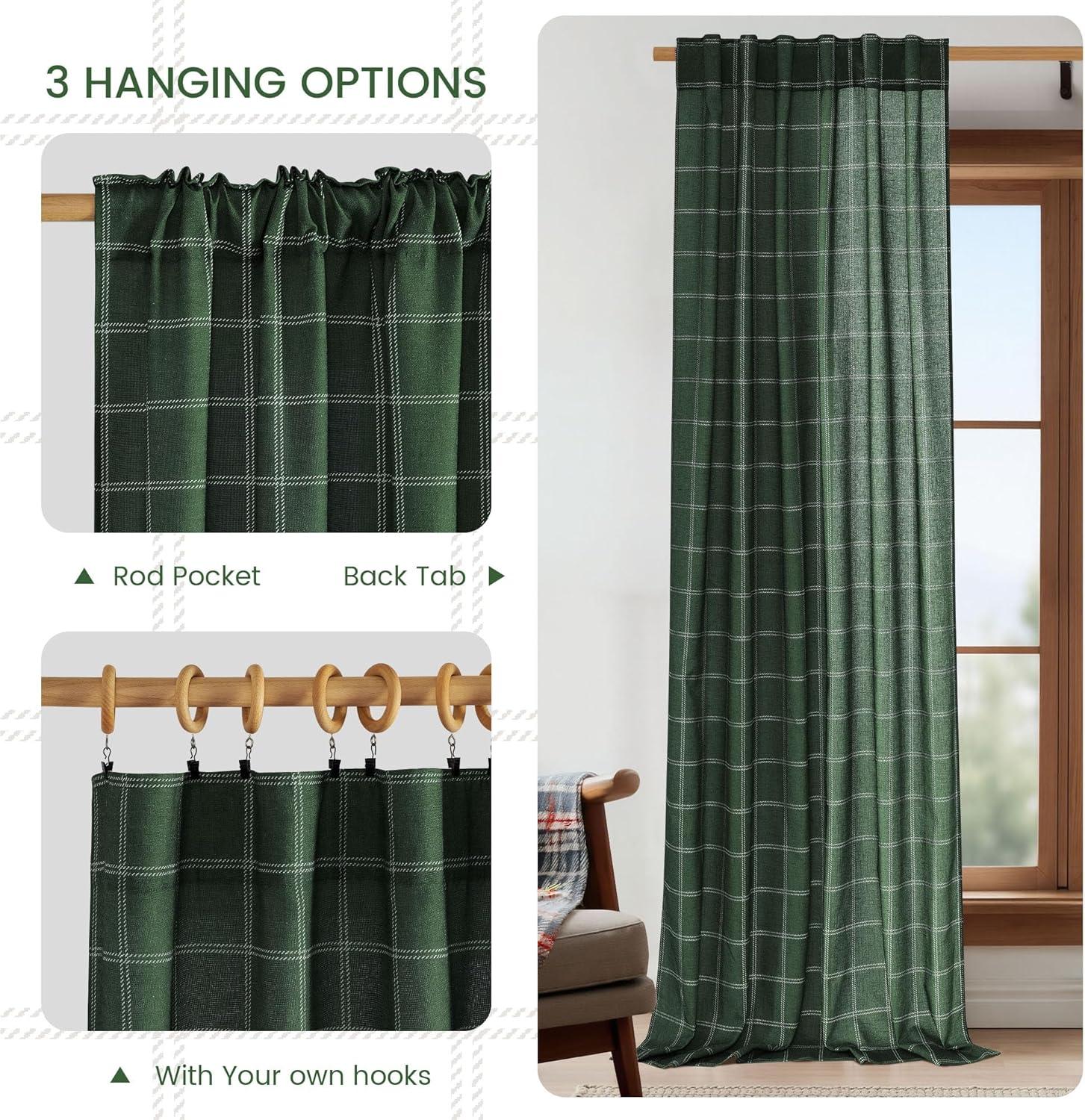 imageNICETOWN Linen Plaid Curtains 96 inches Long Grid Pattern Light Filtering Privacy Shade for Living Room Bedroom Farmhouse Rod Pocket Back Tab Semi Sheer Curtains 1 Pair Linen 52W x 96LDiagonal Check  Christmas Green