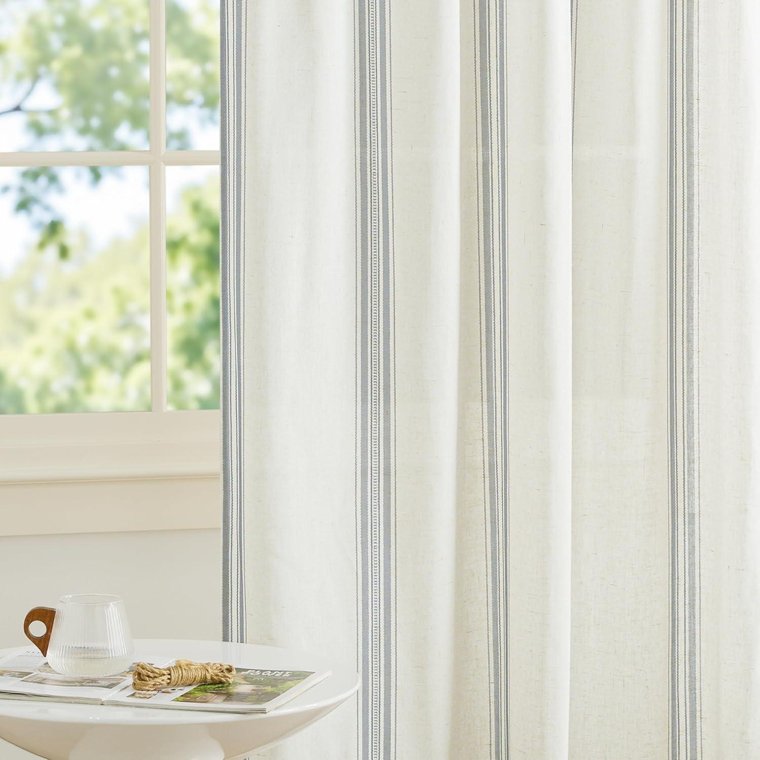 imageNICETOWN Linen Plaid Curtains 96 inches Long Grid Pattern Light Filtering Privacy Shade for Living Room Bedroom Farmhouse Rod Pocket Back Tab Semi Sheer Curtains 1 Pair Linen 52W x 96LSea Blue