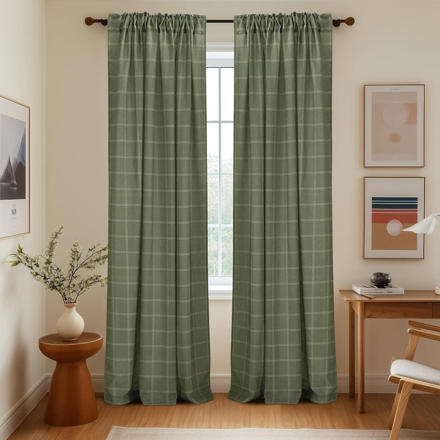 imageNICETOWN Linen Plaid Curtains 96 inches Long Grid Pattern Light Filtering Privacy Shade for Living Room Bedroom Farmhouse Rod Pocket Back Tab Semi Sheer Curtains 1 Pair Linen 52W x 96LDiagonal Check  Moss Green