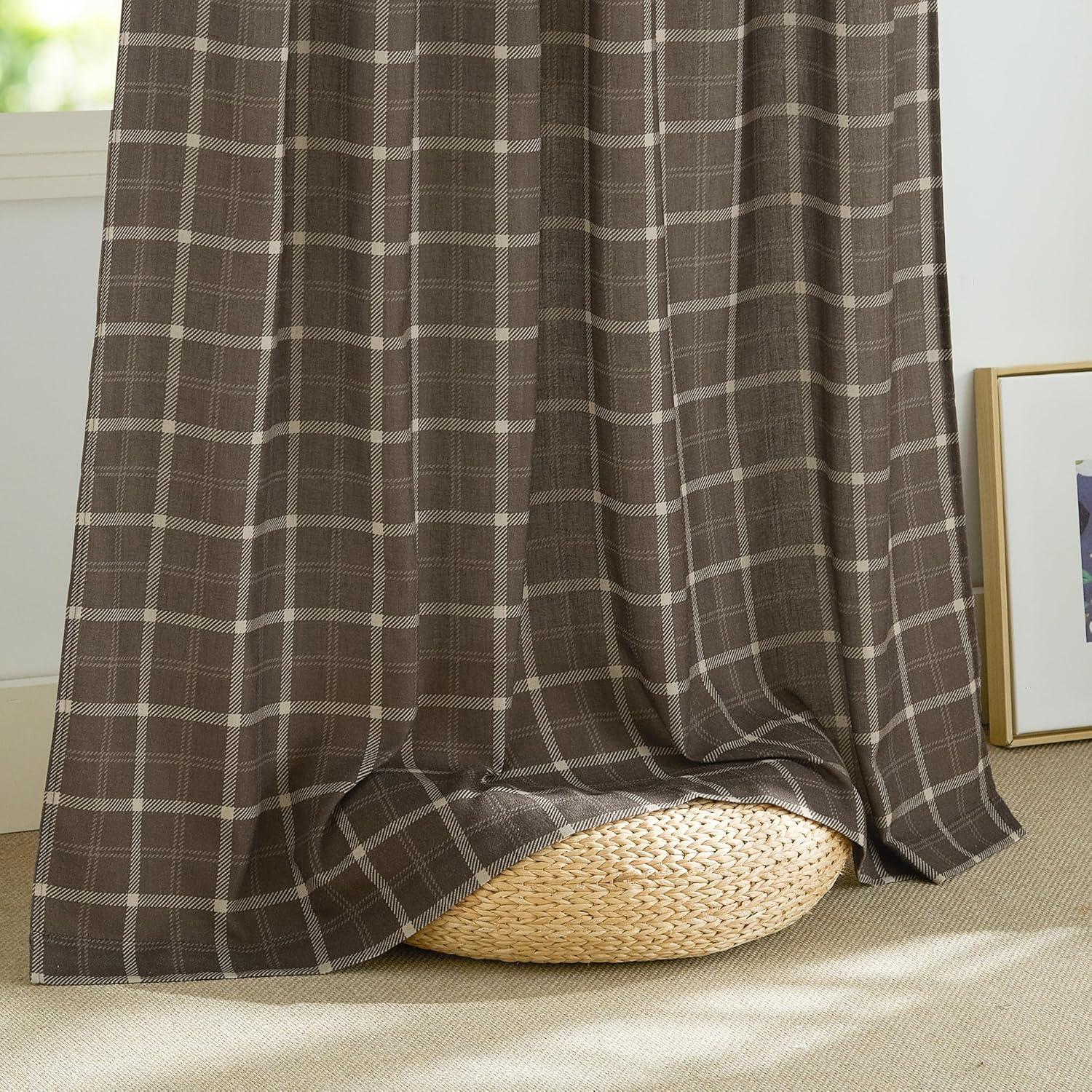 imageNICETOWN Linen Plaid Curtains 96 inches Long Grid Pattern Light Filtering Privacy Shade for Living Room Bedroom Farmhouse Rod Pocket Back Tab Semi Sheer Curtains 1 Pair Linen 52W x 96LGrid Pattern  Taupe