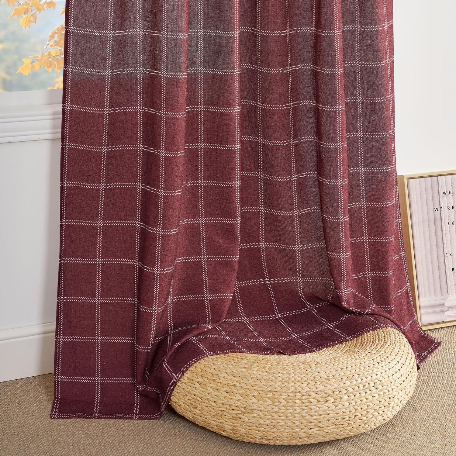 imageNICETOWN Linen Plaid Curtains 96 inches Long Grid Pattern Light Filtering Privacy Shade for Living Room Bedroom Farmhouse Rod Pocket Back Tab Semi Sheer Curtains 1 Pair Linen 52W x 96LDiagonal Check  Christmas Red