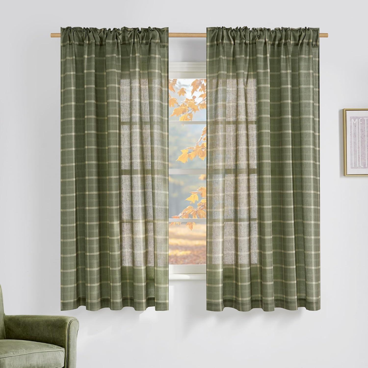 imageNICETOWN Linen Plaid Curtains 96 inches Long Grid Pattern Light Filtering Privacy Shade for Living Room Bedroom Farmhouse Rod Pocket Back Tab Semi Sheer Curtains 1 Pair Linen 52W x 96LGrid Pattern  Moss Green