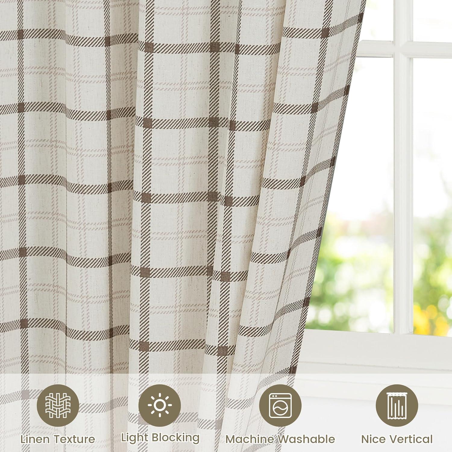 imageNICETOWN Linen Plaid Curtains 96 inches Long Grid Pattern Light Filtering Privacy Shade for Living Room Bedroom Farmhouse Rod Pocket Back Tab Semi Sheer Curtains 1 Pair Linen 52W x 96LGrid Pattern  White