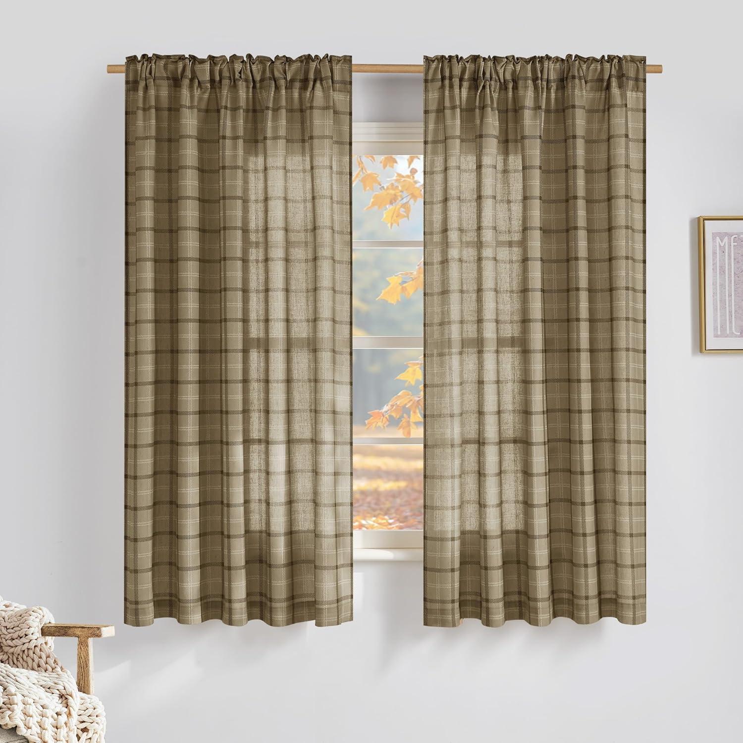 imageNICETOWN Linen Plaid Curtains 96 inches Long Grid Pattern Light Filtering Privacy Shade for Living Room Bedroom Farmhouse Rod Pocket Back Tab Semi Sheer Curtains 1 Pair Linen 52W x 96LGrid Pattern  Linen