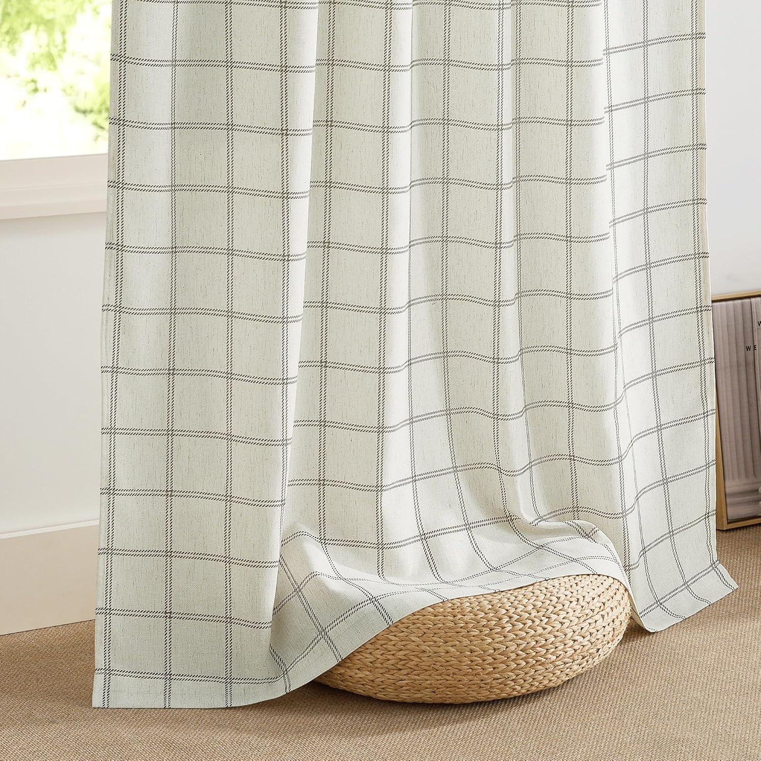 imageNICETOWN Linen Plaid Curtains 96 inches Long Grid Pattern Light Filtering Privacy Shade for Living Room Bedroom Farmhouse Rod Pocket Back Tab Semi Sheer Curtains 1 Pair Linen 52W x 96LDiagonal Check  White