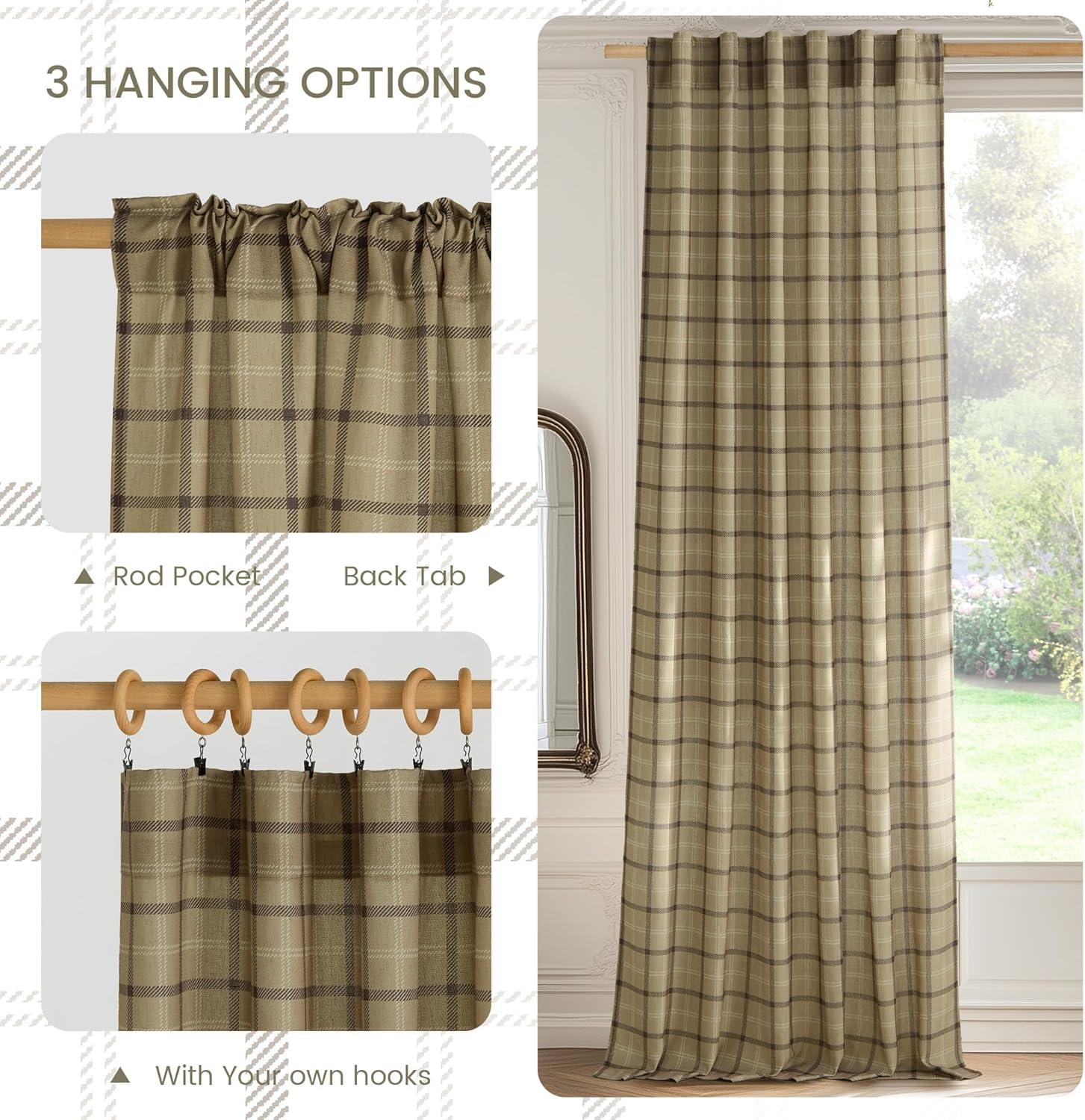 imageNICETOWN Linen Plaid Curtains 96 inches Long Grid Pattern Light Filtering Privacy Shade for Living Room Bedroom Farmhouse Rod Pocket Back Tab Semi Sheer Curtains 1 Pair Linen 52W x 96LGrid Pattern  Linen